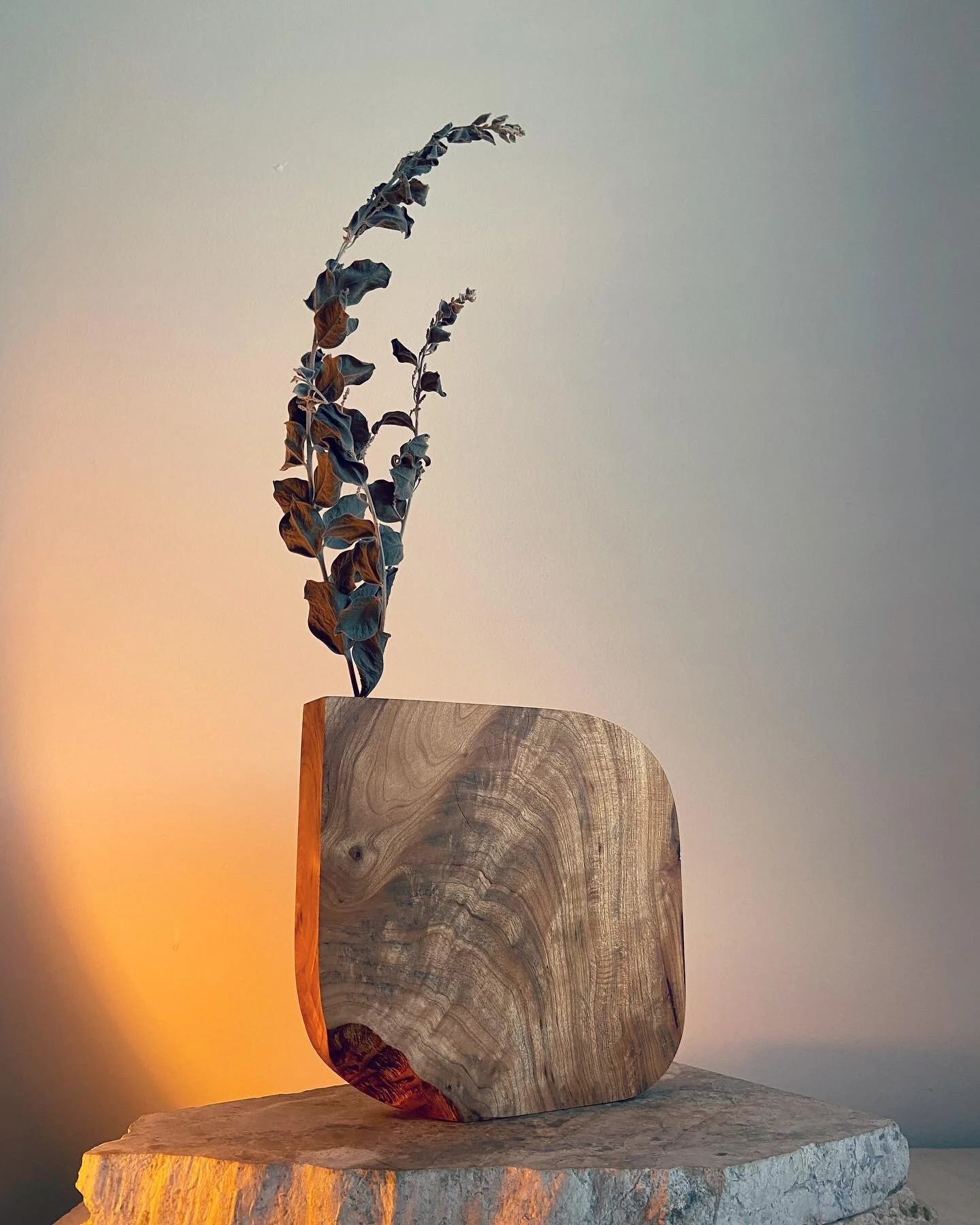 A minimalist sculpture featuring a marble block with a wooden pattern, topped with a dried, curved plant stem with dark leaves, placed on a textured stone surface against a plain background with soft lighting.