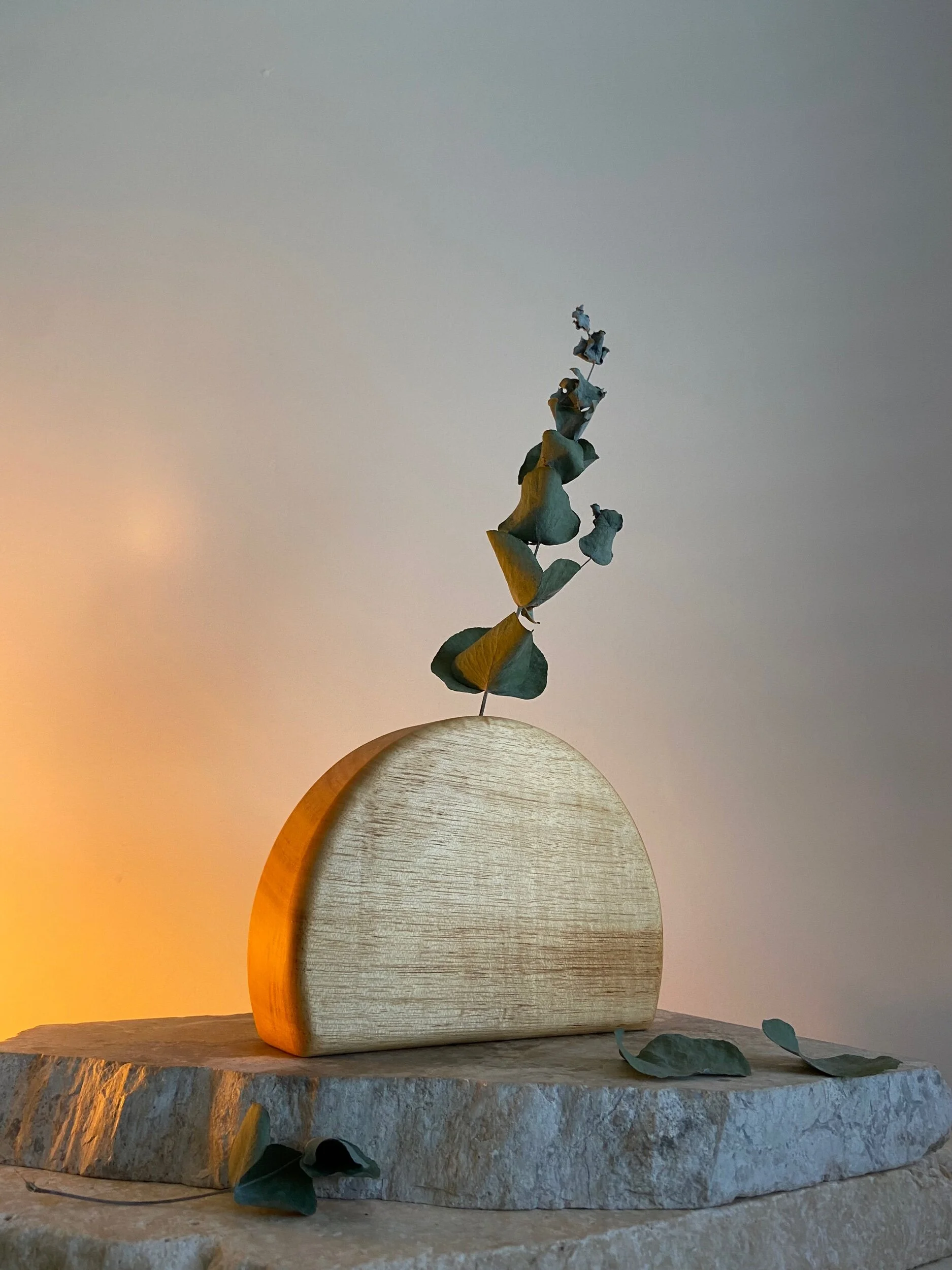 A minimalist decorative sculpture featuring a semi-circular wooden block with a dried eucalyptus branch rising from it, set on a textured stone surface under warm lighting.