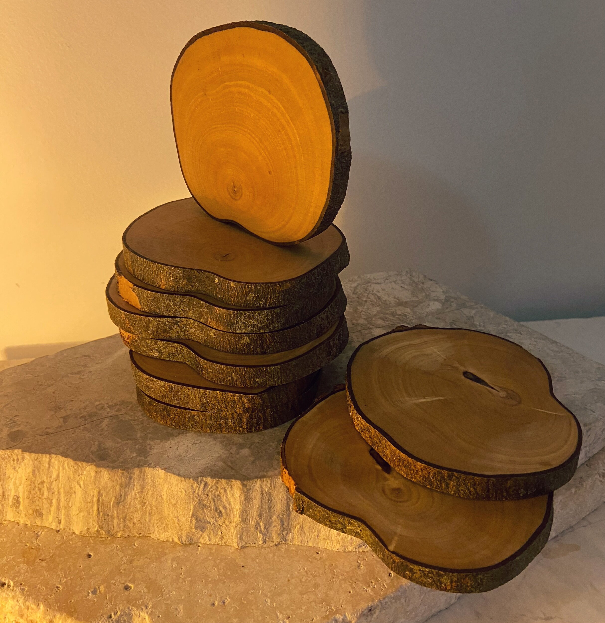 Stacked and scattered wooden slices with visible tree rings and bark edges on a textured stone surface.
