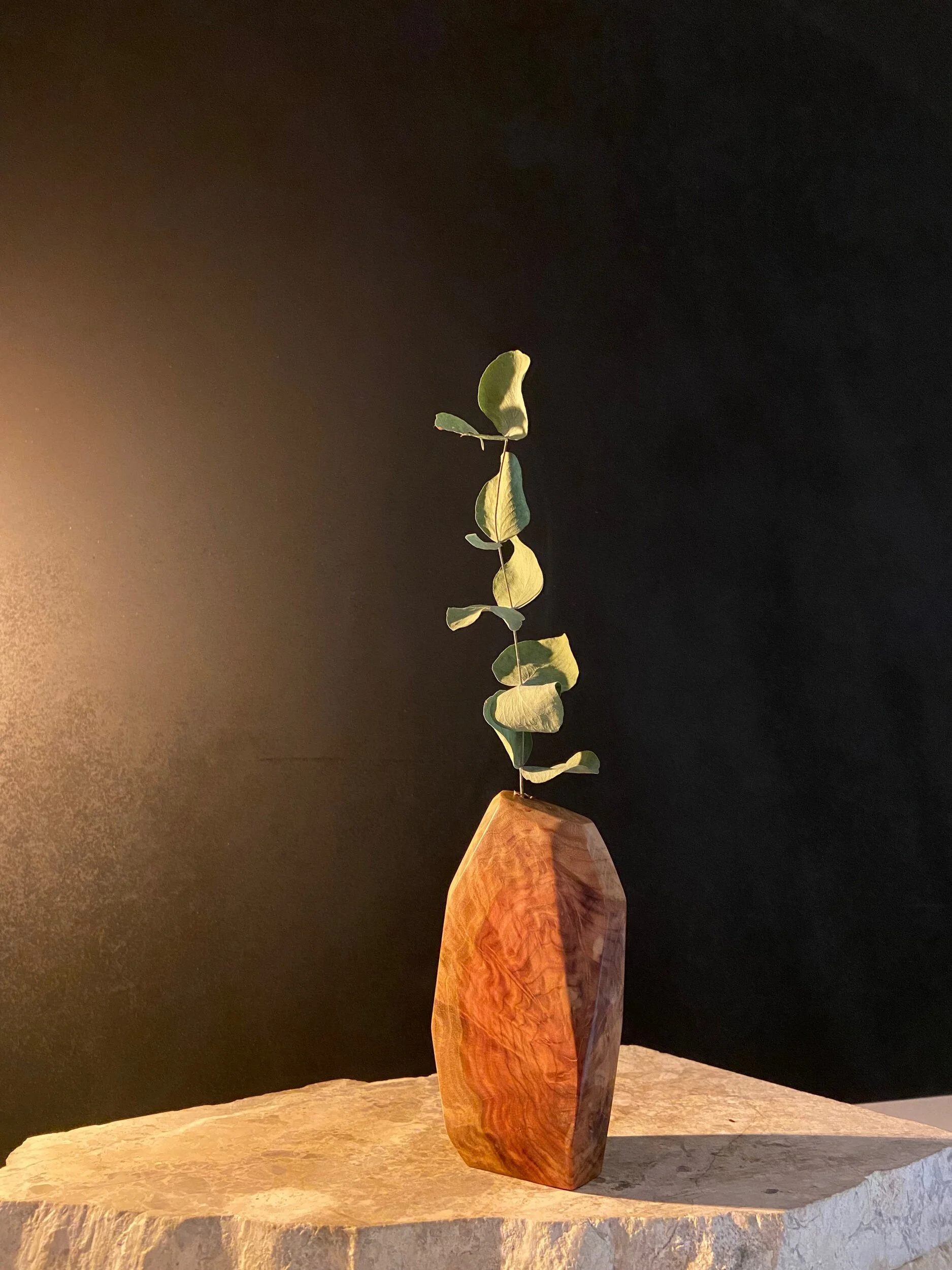 A tall, angular wooden vase with a single green leafy stem, placed on a beige textured surface against a black background.