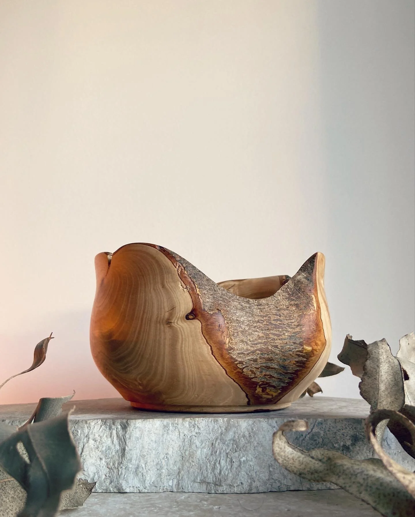 A wooden bowl with natural wood grain and bark edges, placed on a textured stone surface, with dried leaves around it.