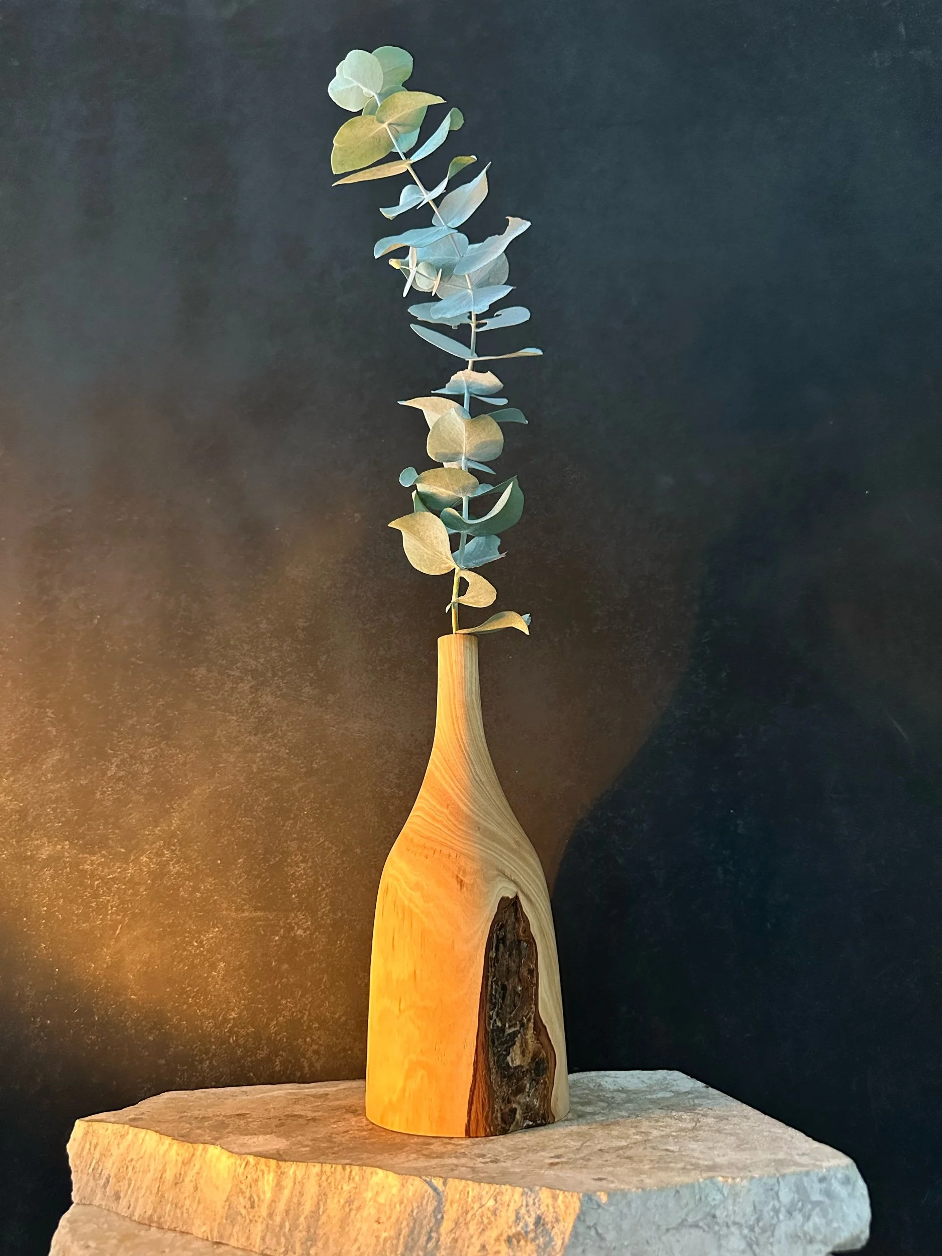 A tall, narrow wooden vase with a natural wood grain and dark knot on the front, containing a single eucalyptus branch with round, blue-green leaves, set on a light-colored stone surface against a dark background.