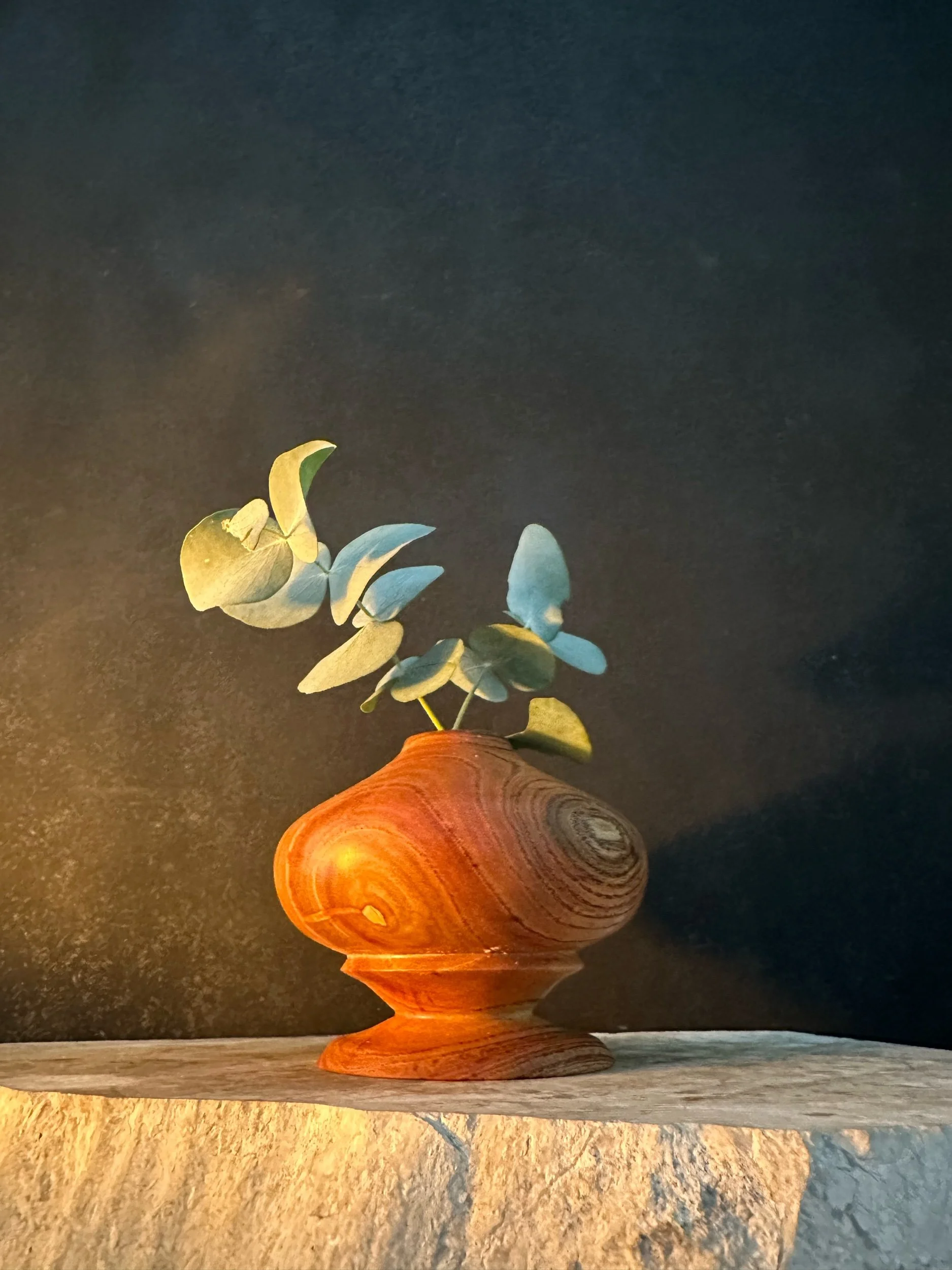 A wooden vase with swirling patterns holding a sprig of green leaves, placed on a stone surface against a dark background.