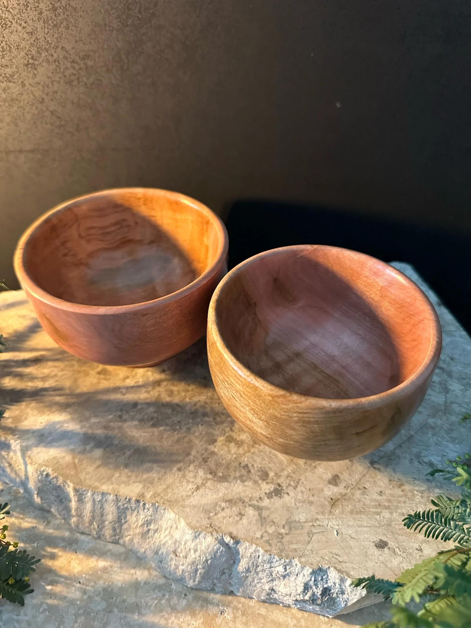 Two wooden bowls on a textured stone surface with green foliage at the edge.