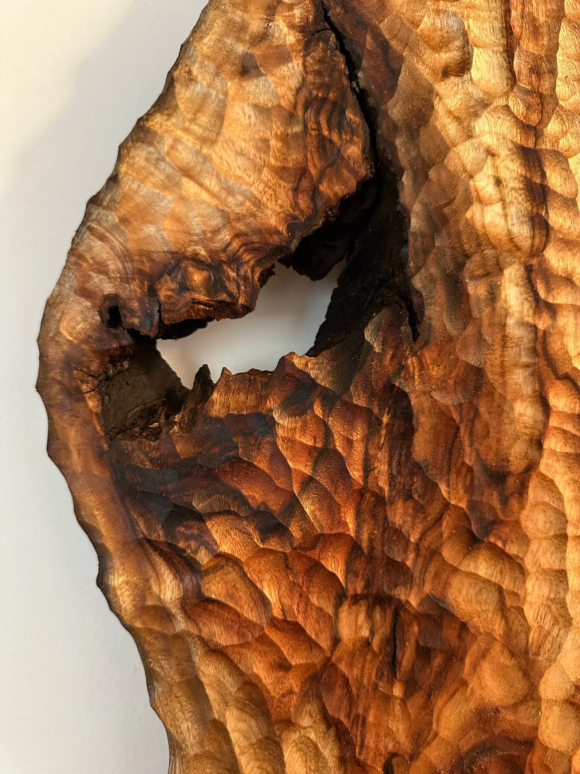 Close-up of a circular wooden sculpture with textured, carved surface and a hollow center.