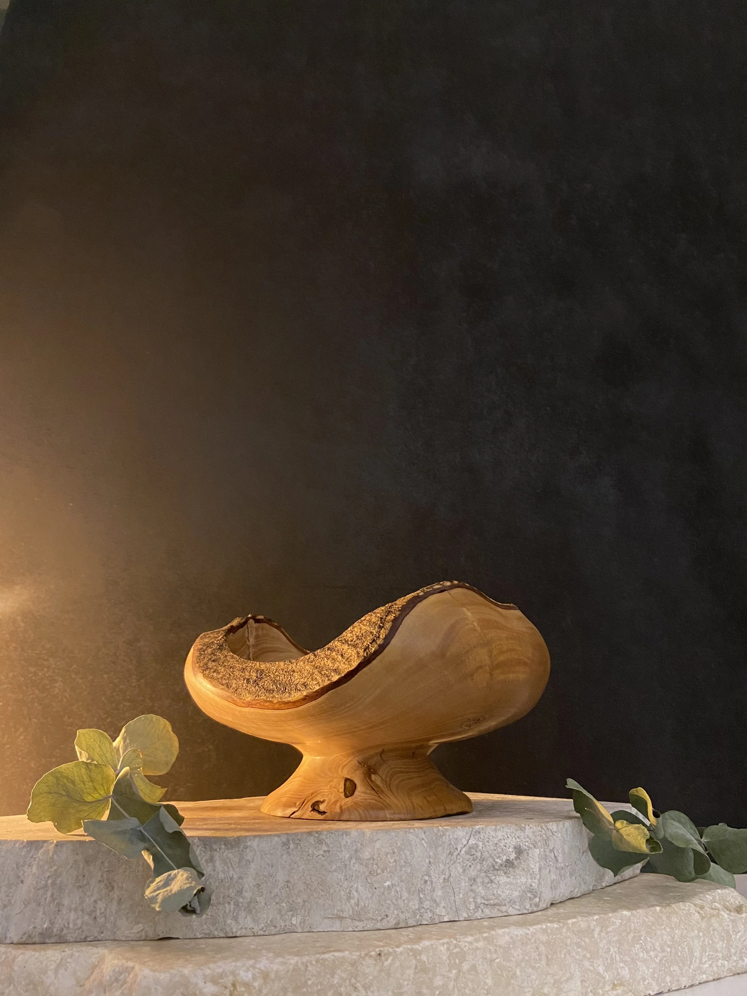 A polished wooden bowl on a stone pedestal, surrounded by eucalyptus leaves, with warm lighting against a black background.