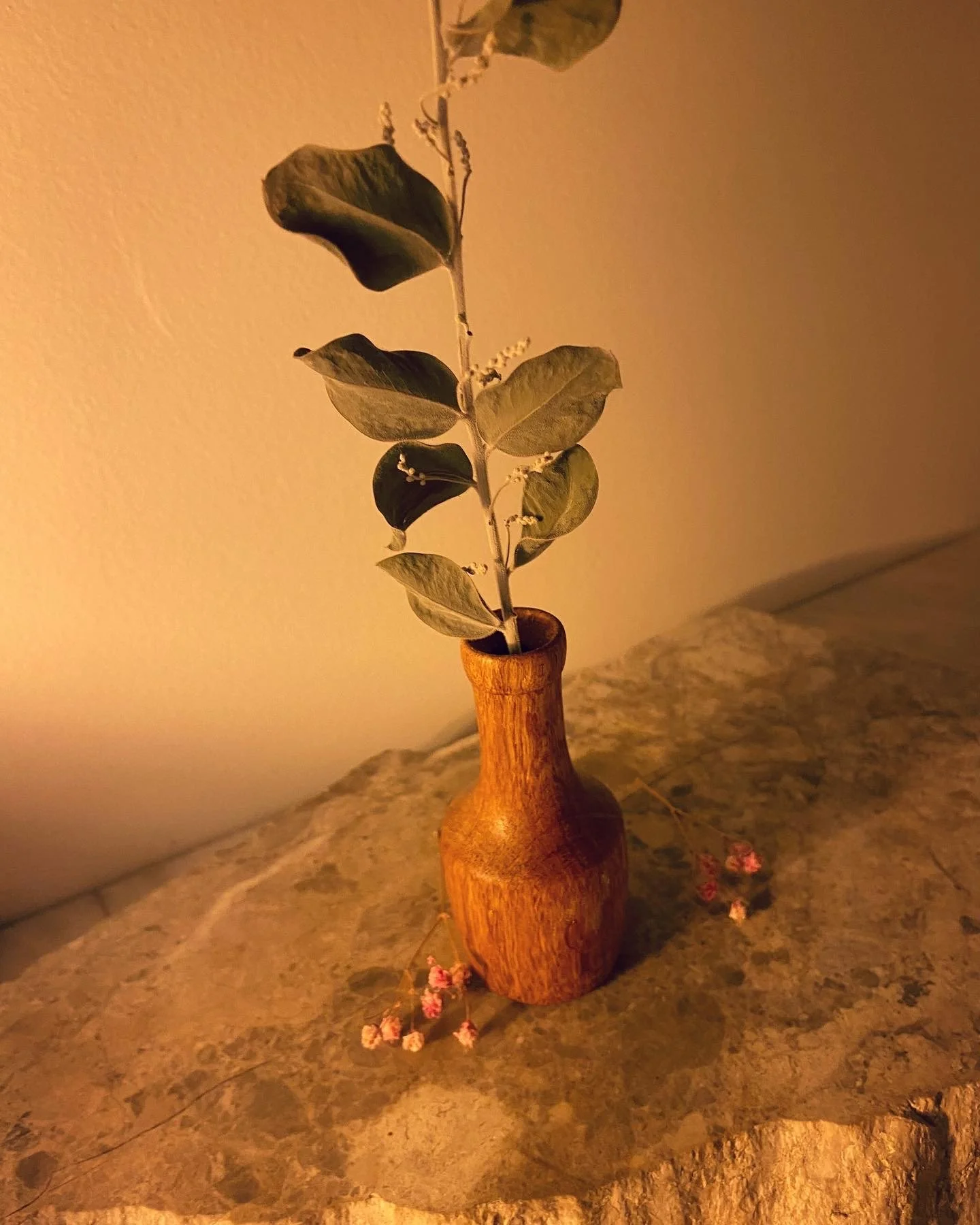 A small wooden vase with a narrow neck holding a branch with green leaves. The vase is placed on a textured stone surface with small pink flowers scattered around its base. The background is plain with warm lighting.