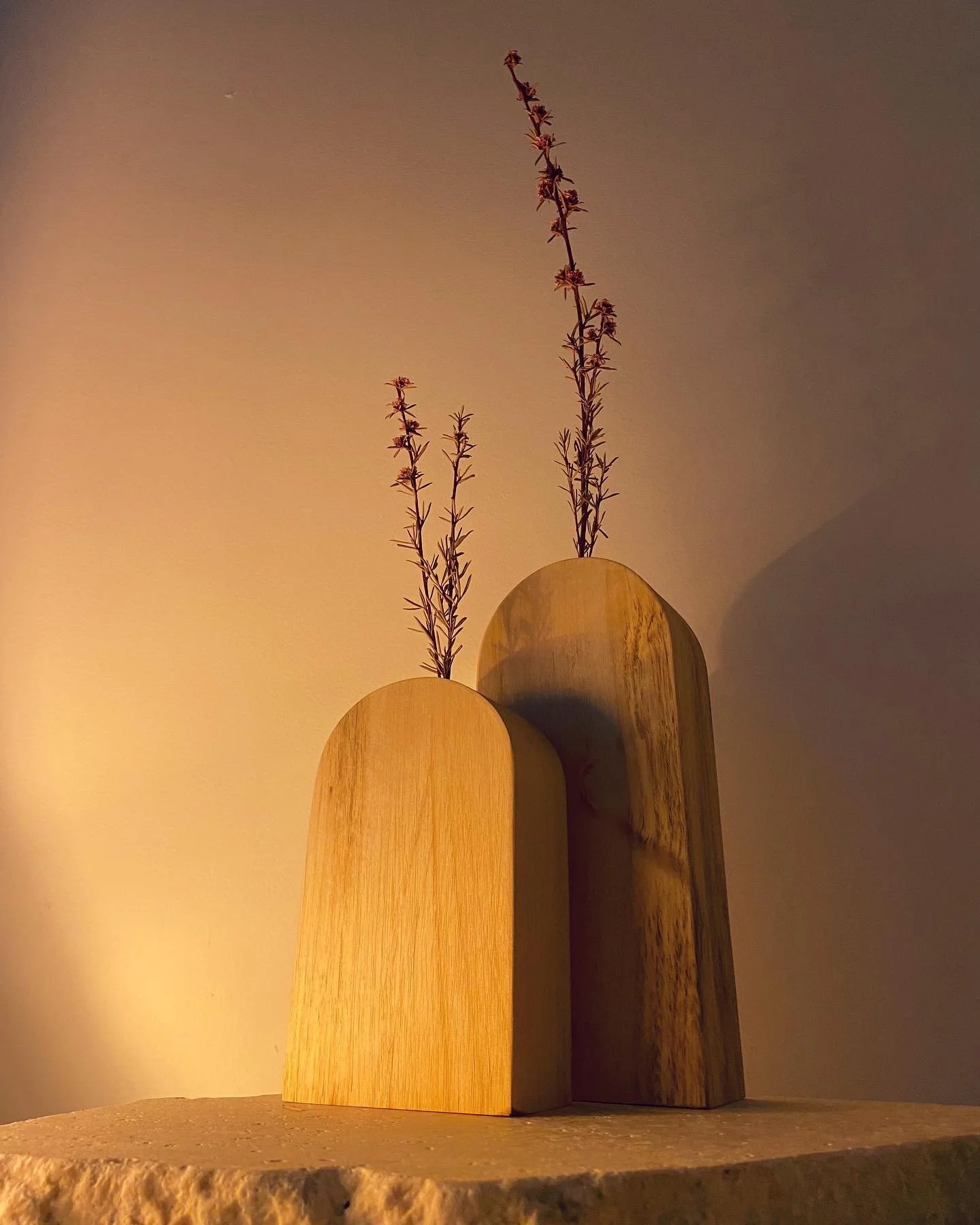 Two wooden vases with dried flowers, placed on a textured surface against a plain wall under warm lighting.