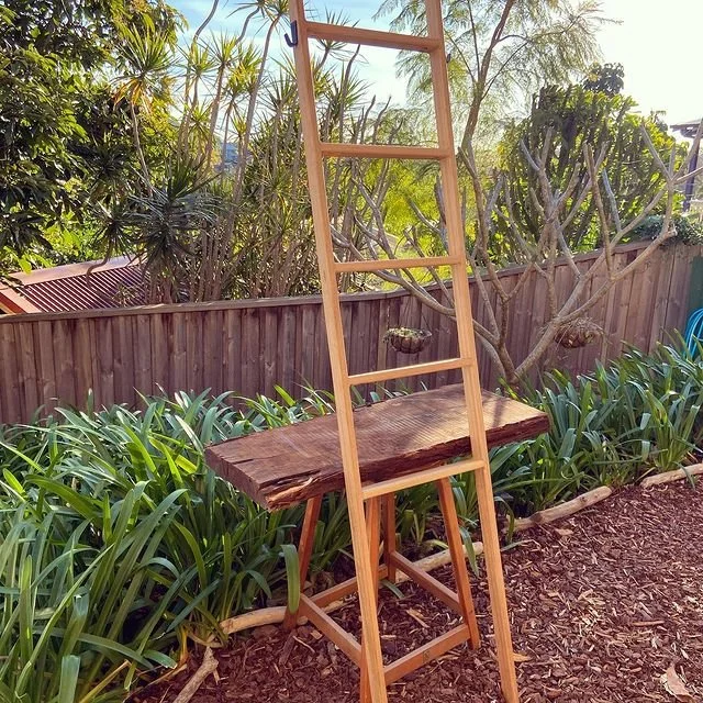 A wooden ladder leaning against a pergola in a garden with green plants and a wooden fence in the background.