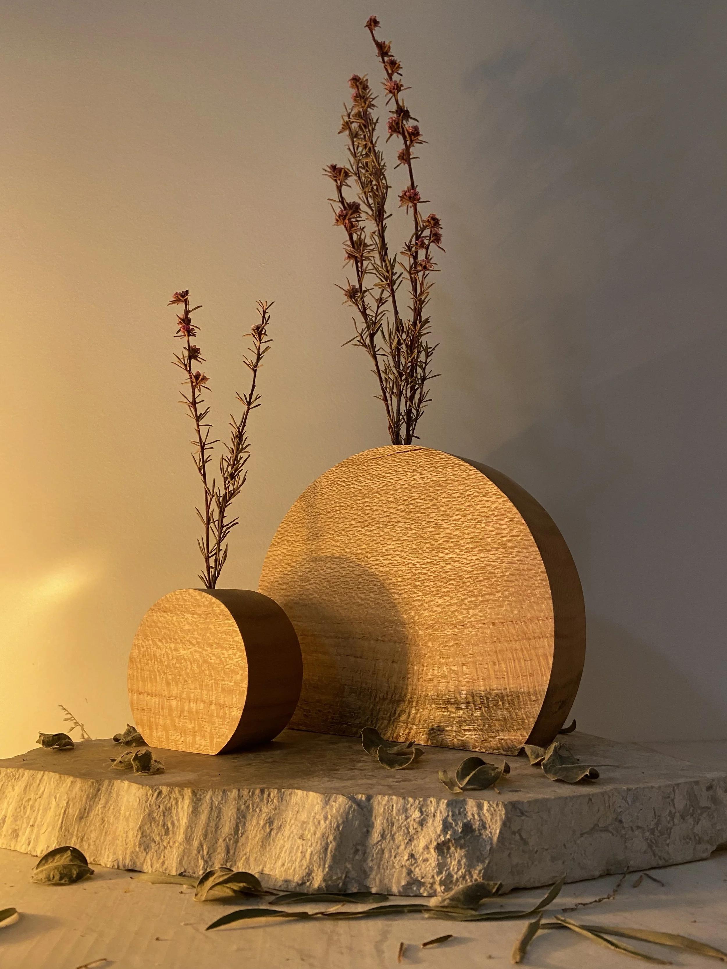 Two round wooden lamps with a textured surface emitting warm light, placed on a rough stone slab with dried leaves scattered around and tall, dried plant stems behind them, against a plain wall background.