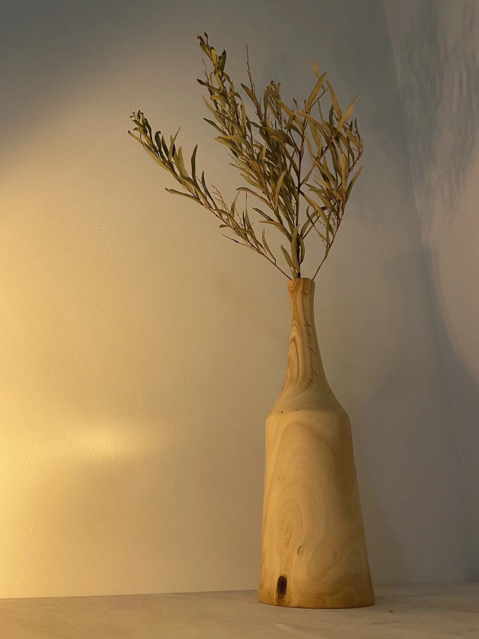 A wooden vase with a natural, swirling grain pattern, holding a branch with slender green leaves, placed against a plain beige wall.