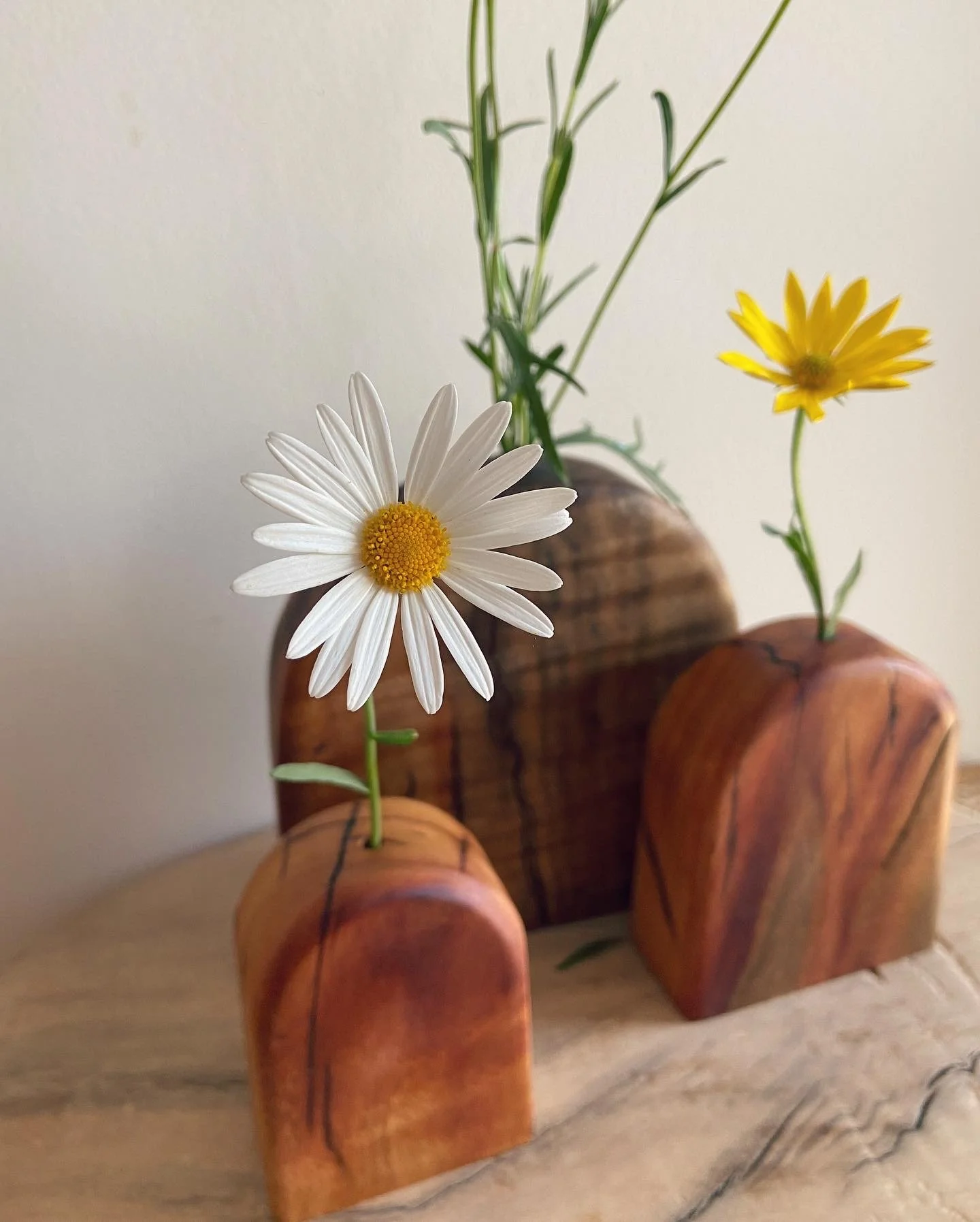 A decorative wooden holder with three openings, each holding a flower; a white daisy in the front, a yellow flower on the right, and some green foliage in the background.