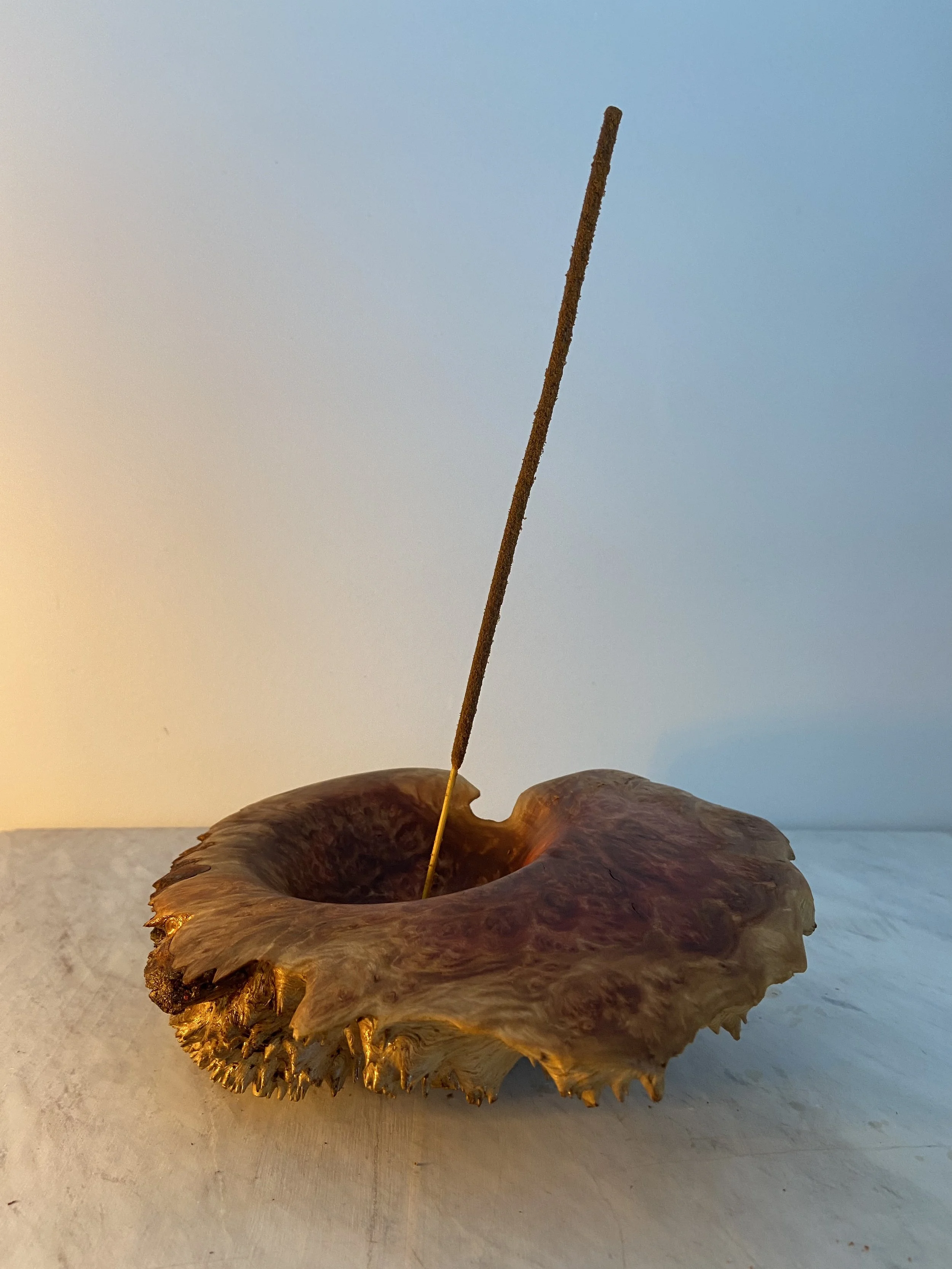 Close-up of a dried jujube fruit with a smoldering incense stick inserted into the center.