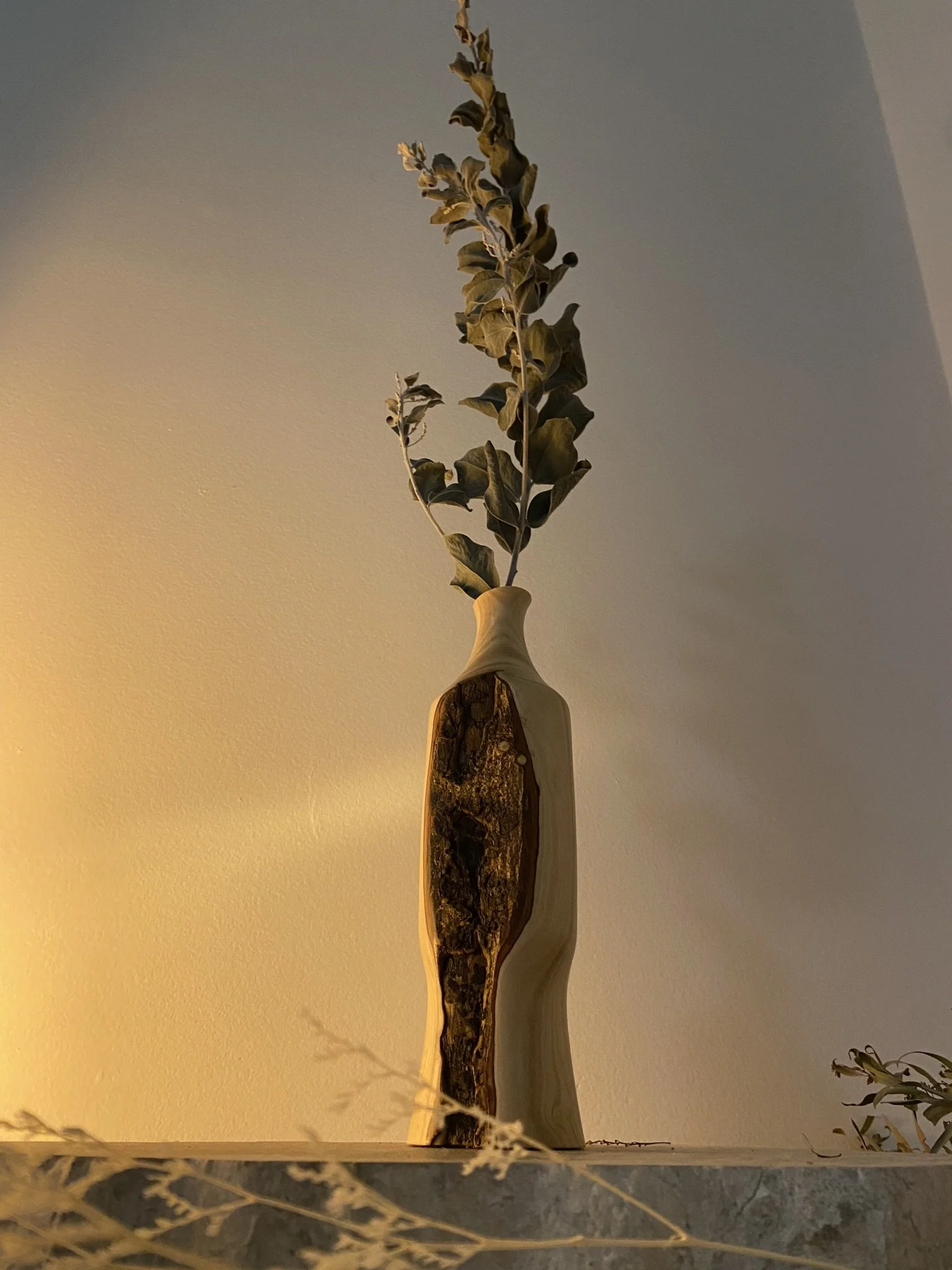 Decorative vase with a large, textured wood section and a dried plant stem extending upward, placed on a flat surface against a neutral wall with warm lighting.