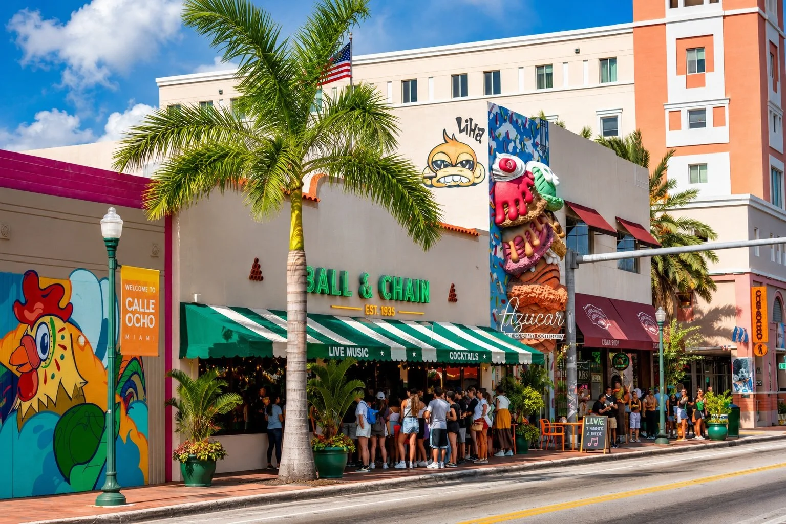 Small group on Little Havana walking tour in front of a Calle Ocho mural