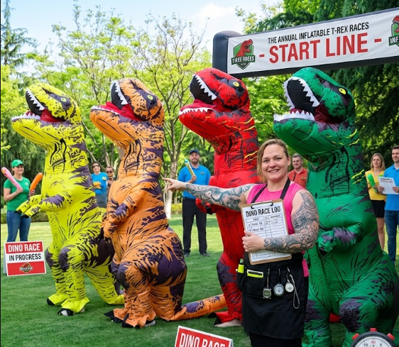 Dino races Edmonton, funny team building, inflatable costume rentals YEG.