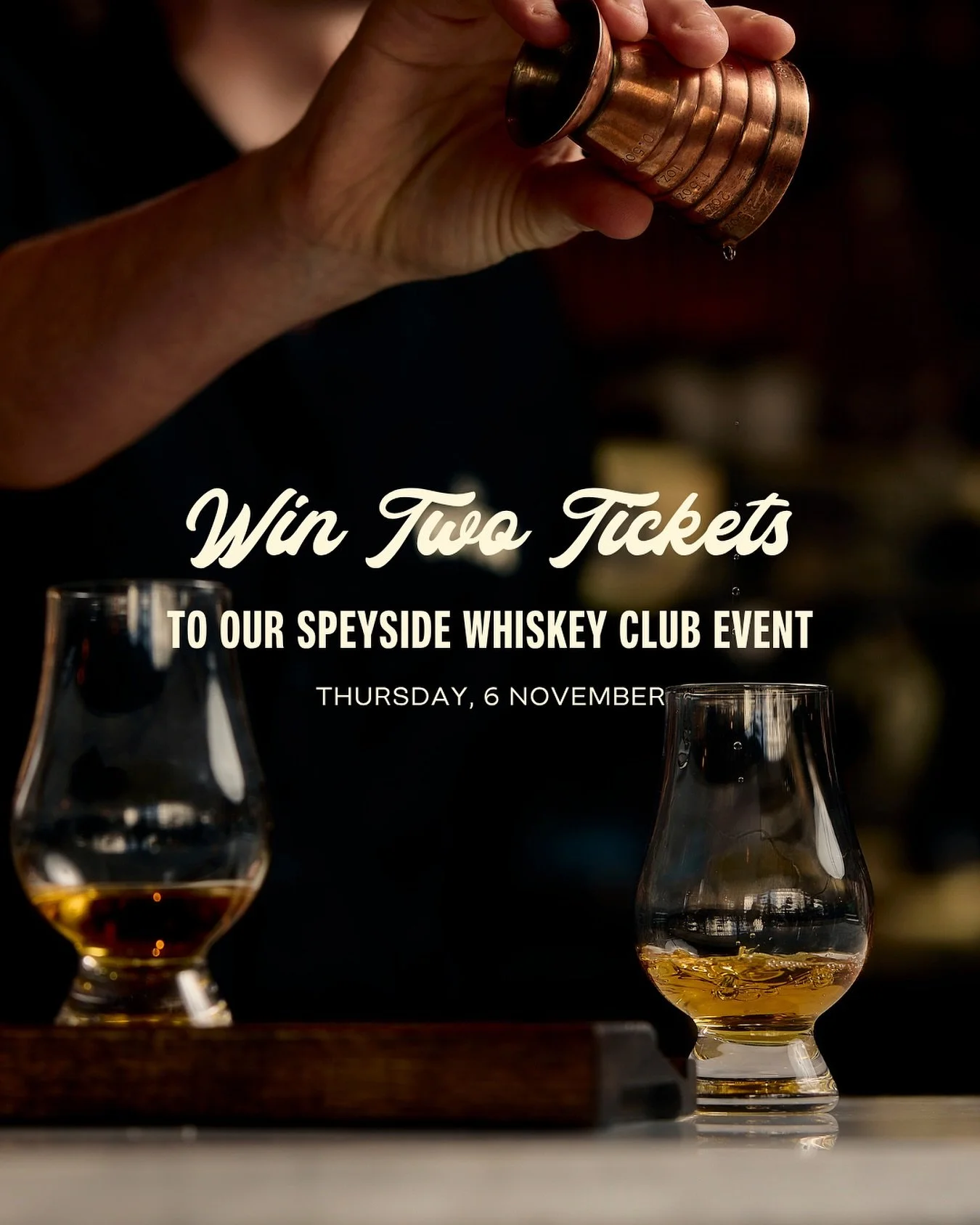 Win two tickets to our Speyside Whiskey Club event on Thursday, November 6.

The night includes premium whiskey tastings from Glenfiddich and The Balvenie, plus a four-course snack menu from our kitchen, matched to the pours. All hosted by hosted by 