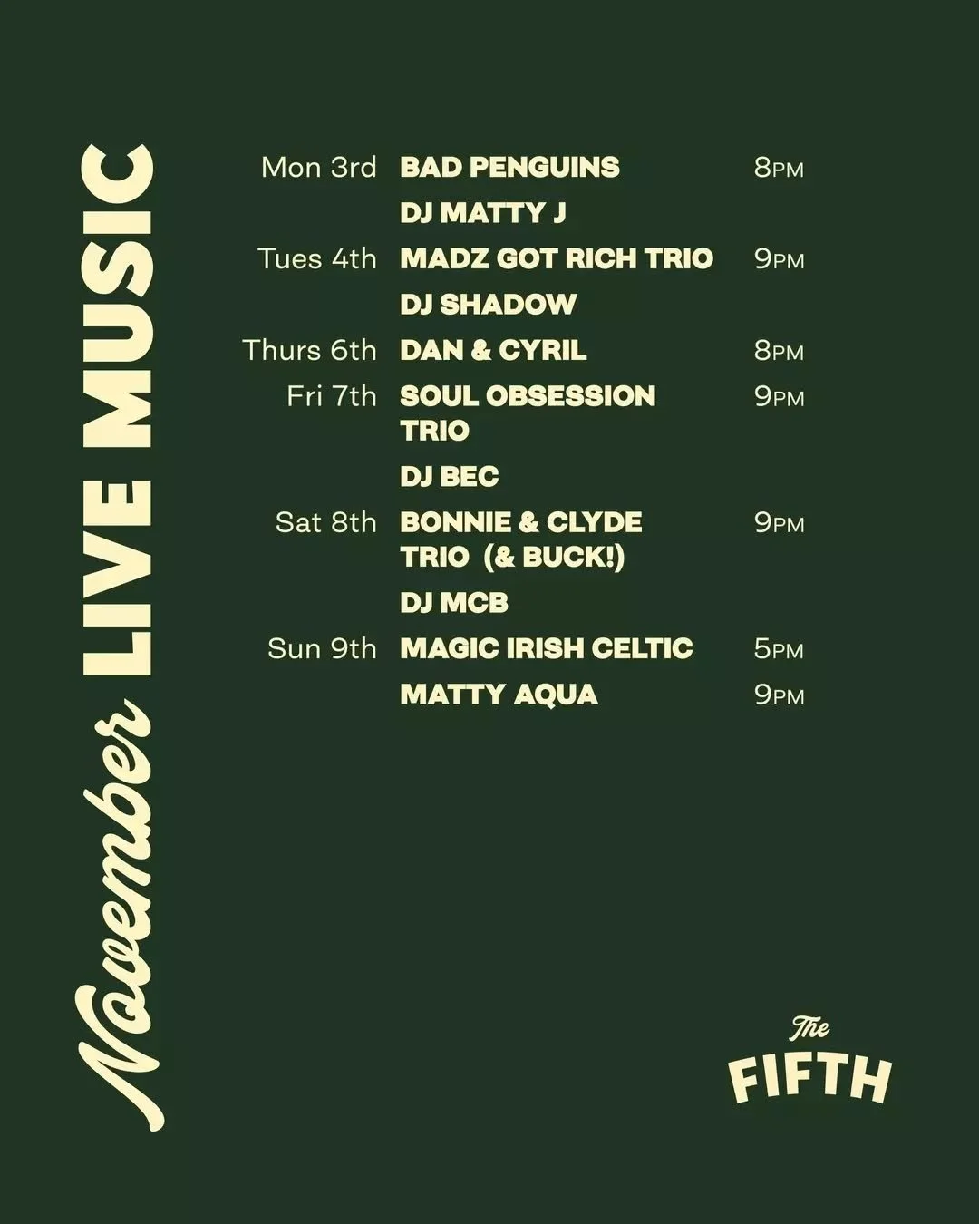 From Irish toe-tappers with your parma on a Thursday to belters galore until the wee hours on a Saturday night, we&rsquo;ve got your live music needs covered.

Check out the line-up of talented local musos taking the stage this month.