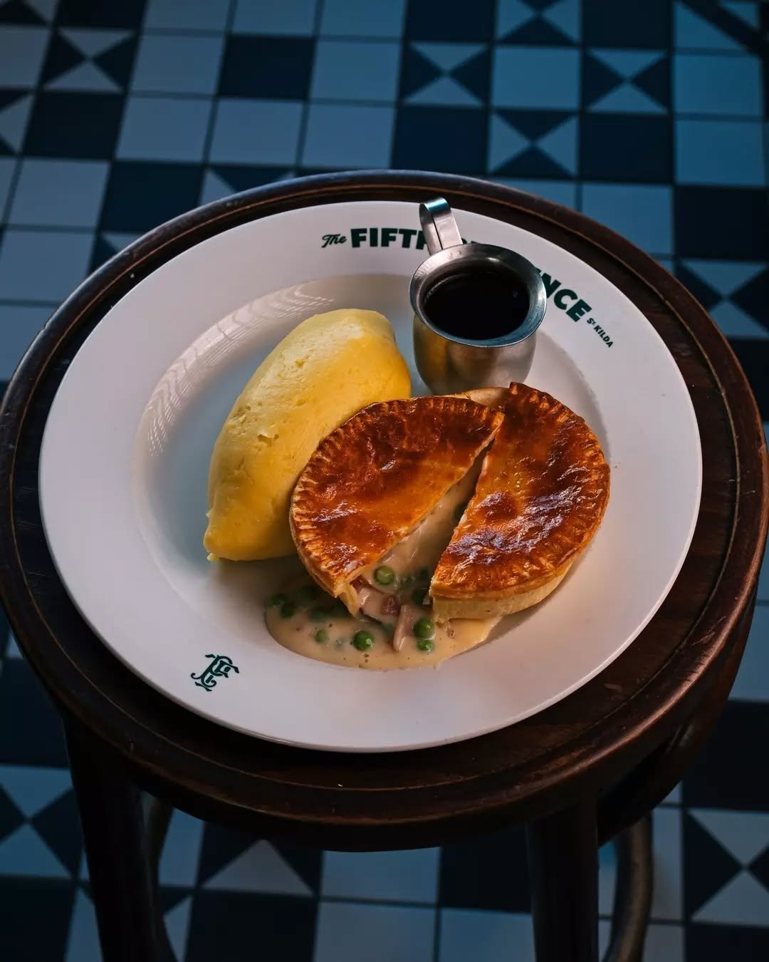 Bacon, pea and cheddar pie&mdash;smoked bacon, Irish cheddar, peas, creamy mash on the side.