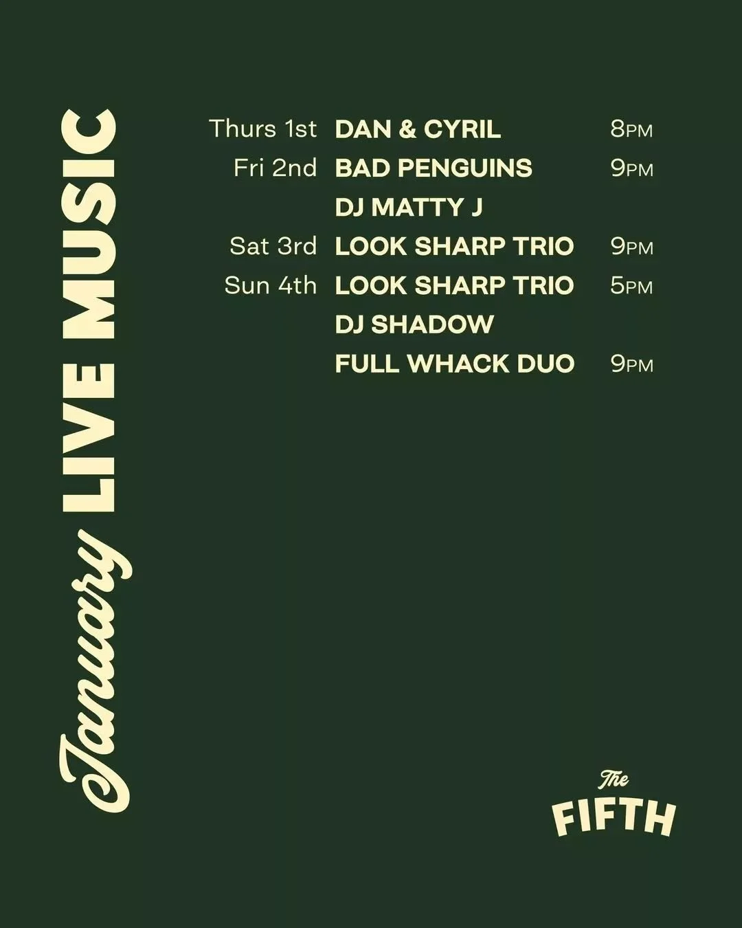 New year, same great sessions. January at The Fifth Province is stacked with live music, good pints and even better company. From local favourites to late-night tunes, there&rsquo;s something on every week.