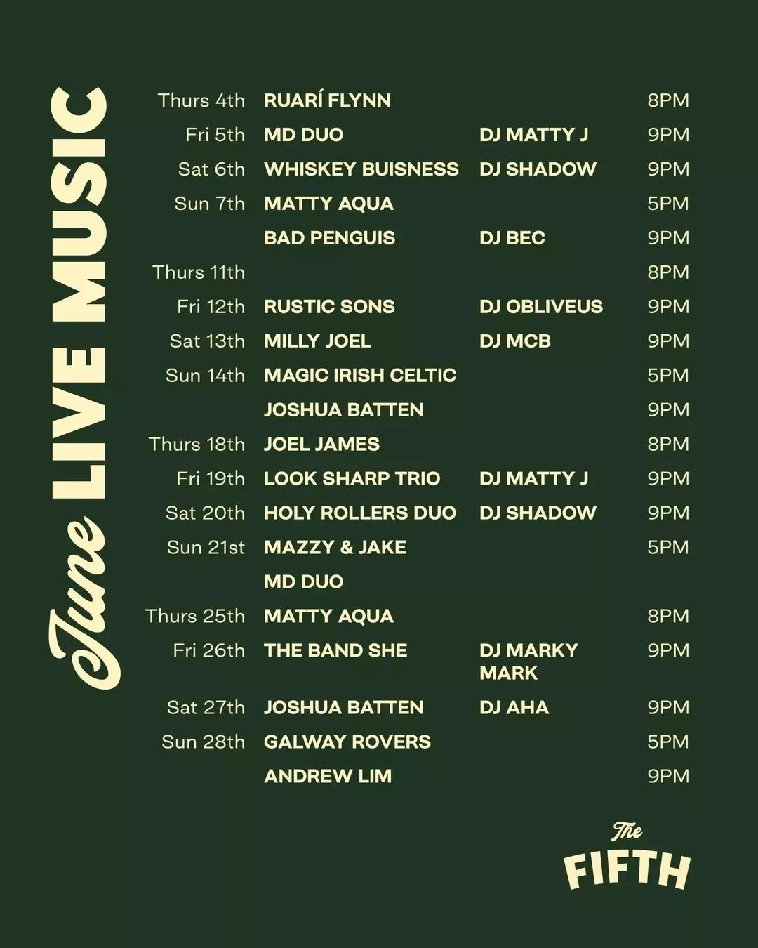 June at The Fifth Province is stacked with live music, good pints and even better company. From local faves to late night tunes, there's something on every week.

The Fifth. For whatever the craic may be.