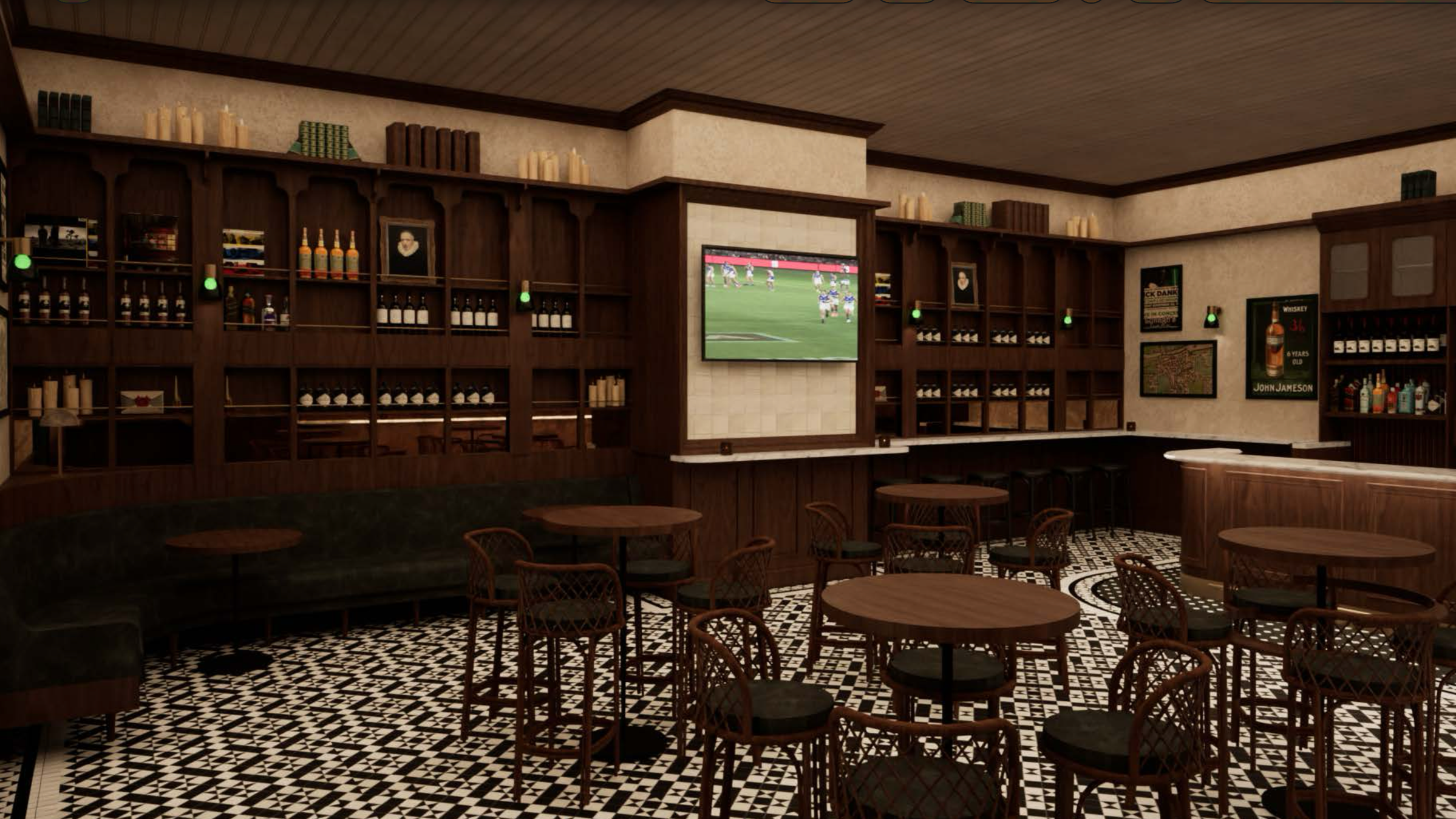 Interior of a sports bar with wooden shelves, a TV showing a football game, tables, and chairs, wooden paneling, and a black-and-white patterned floor.