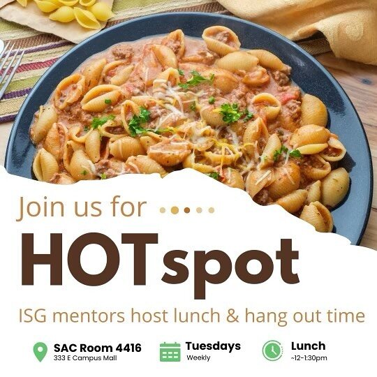 Free homemade lunch and hang out time today aka HOTspot from 12-1:30pm today at SAC 4416! See you there! #isg_madison #HOTspot #lunch #hangout