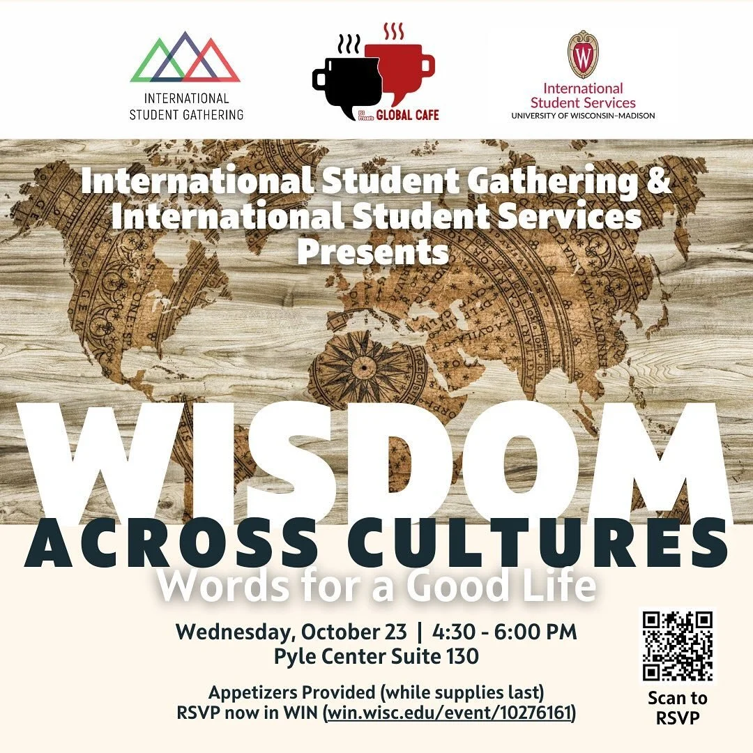 🌍✨ Join ISG &amp; ISS for Global Cafe on Wed, Oct 23, 4:30-6pm! ☕🌎 Enjoy snacks from @ichibansichuan_madison 

Connect with people from around the world, share cultural wisdom, 🧠 and enjoy a fun, welcoming space. Don&rsquo;t miss out on this globa