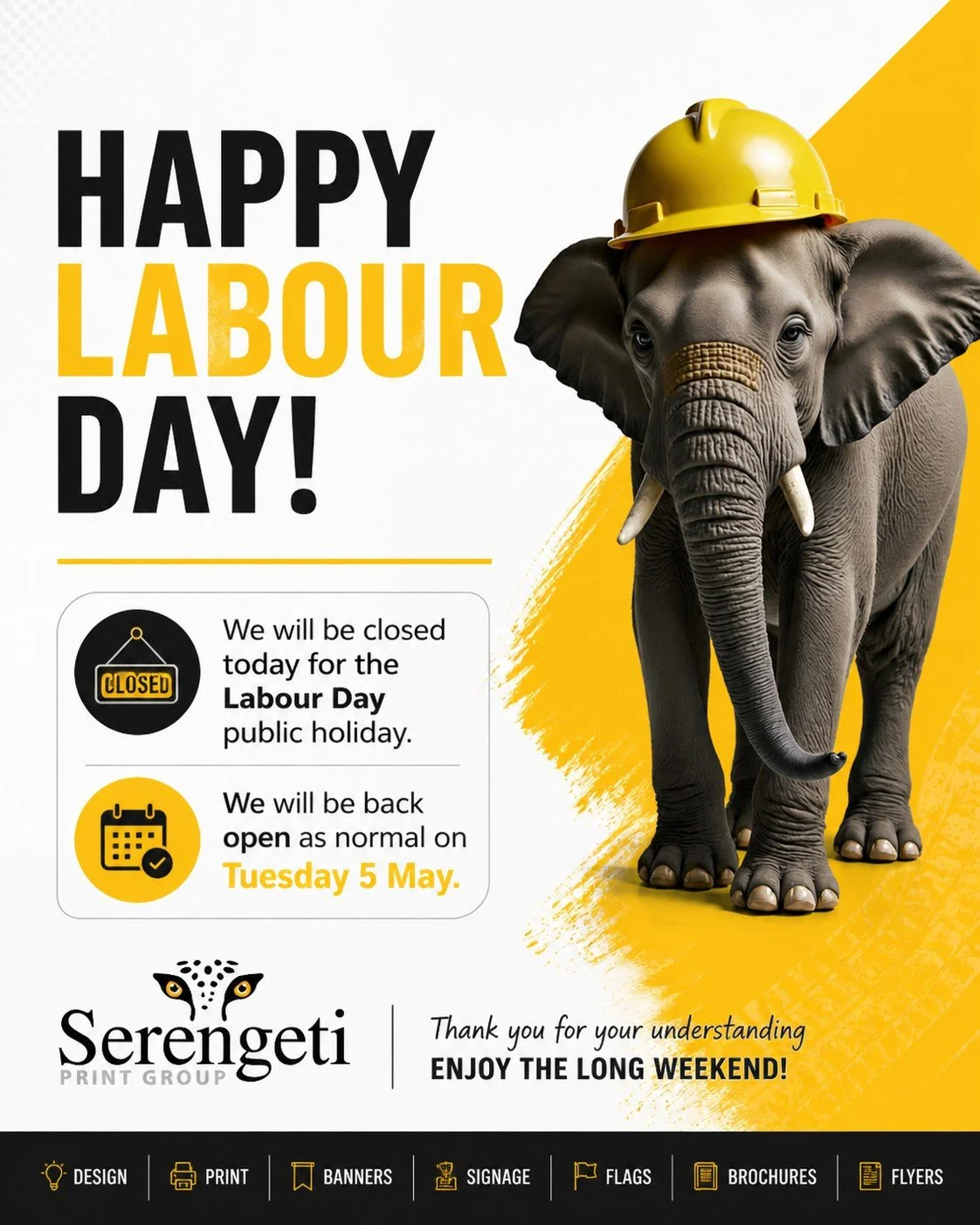 Happy Labour Day from the team at Serengeti Print Group 🇦🇺

We&rsquo;re taking a short break today to recognise the hard work that keeps businesses moving across the country.

We&rsquo;ll be back open and ready to go on Tuesday 5th May.

If you&rsq