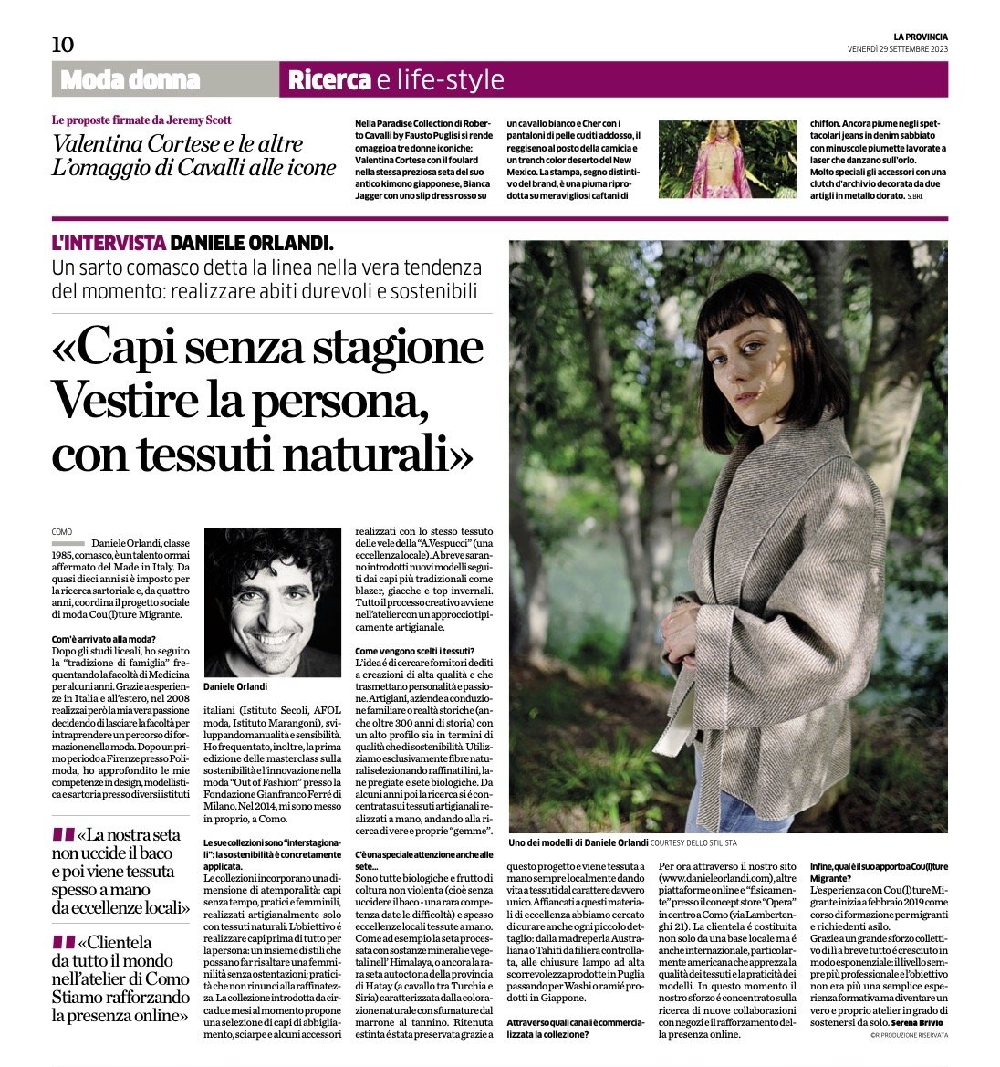 Daniele Orlandi interviewed by La Provincia (Como) on timeless design, natural fibres, non-violent silk, and the Cou(l)ture Migrante project. 29 Sept 2023.