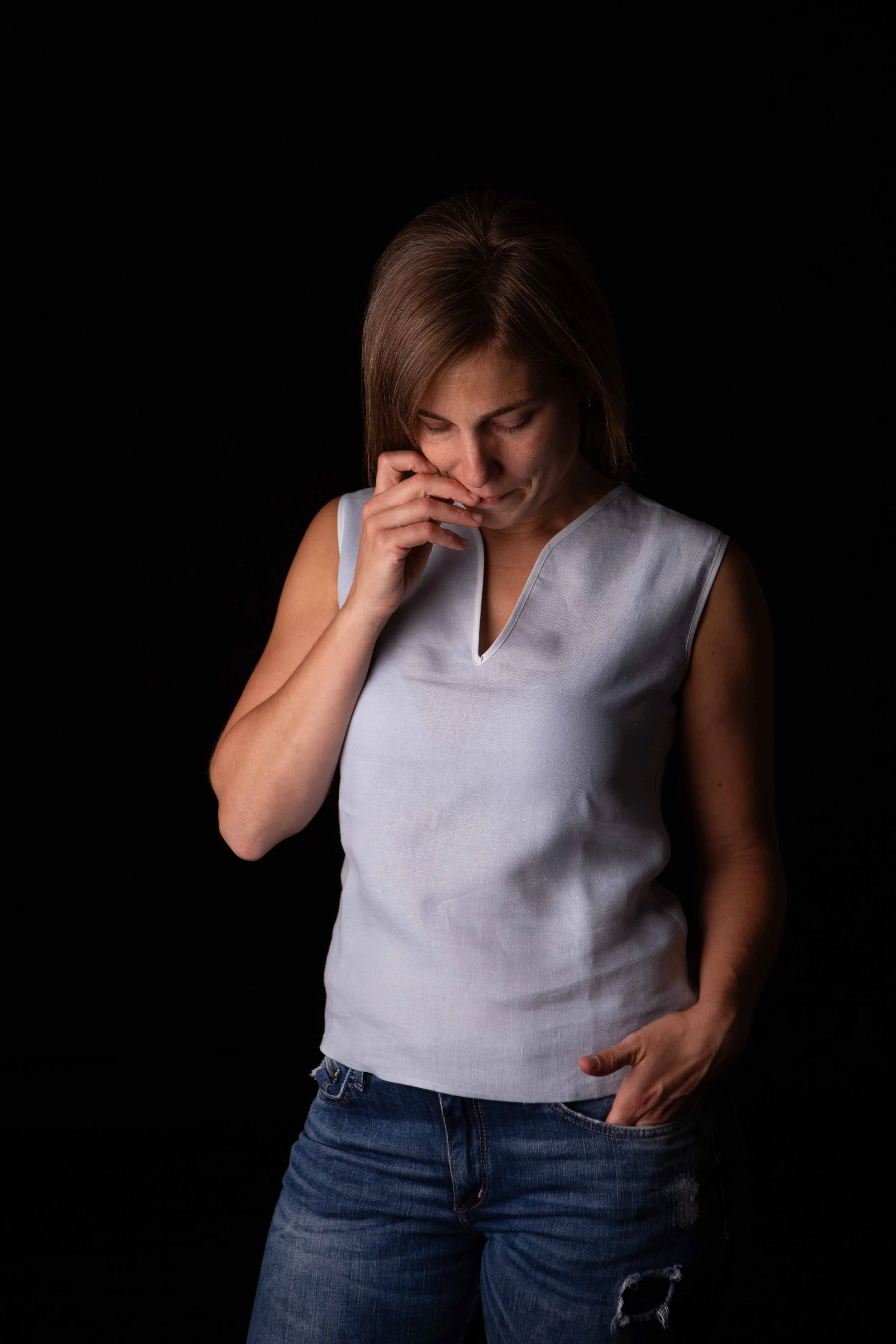 Elisabetta wearing the light blue sleeveless top