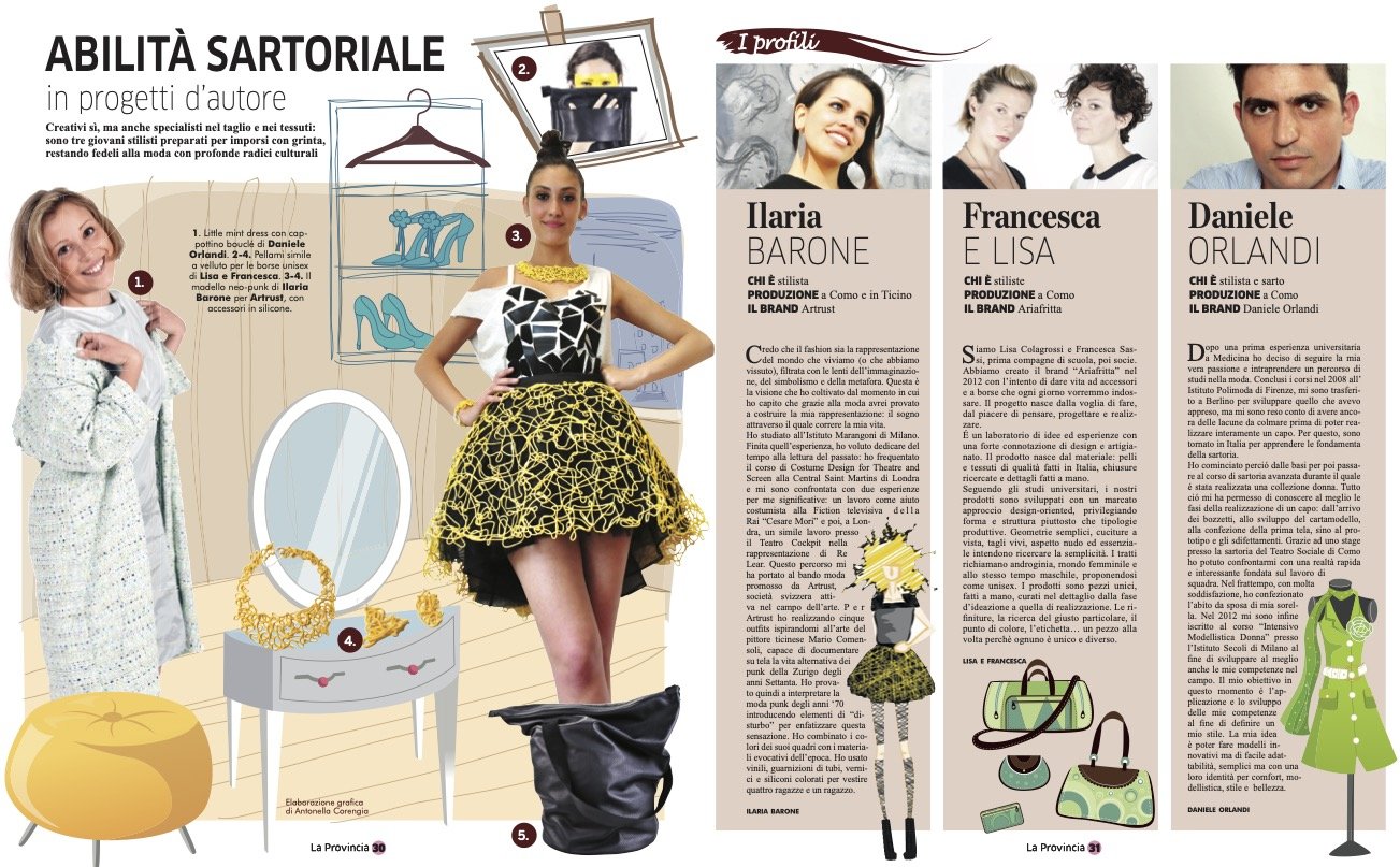 Tess Magazine profiles Daniele Orlandi among three young Como-area designers, on his path from Polimoda to pattern-making and his sister's wedding dress.