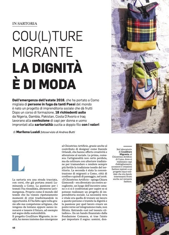 Daniele Orlandi's work as designer and mentor for Cou(l)ture Migrante, Como's social-enterprise tailoring project for asylum seekers, featured in Tess Magazine.