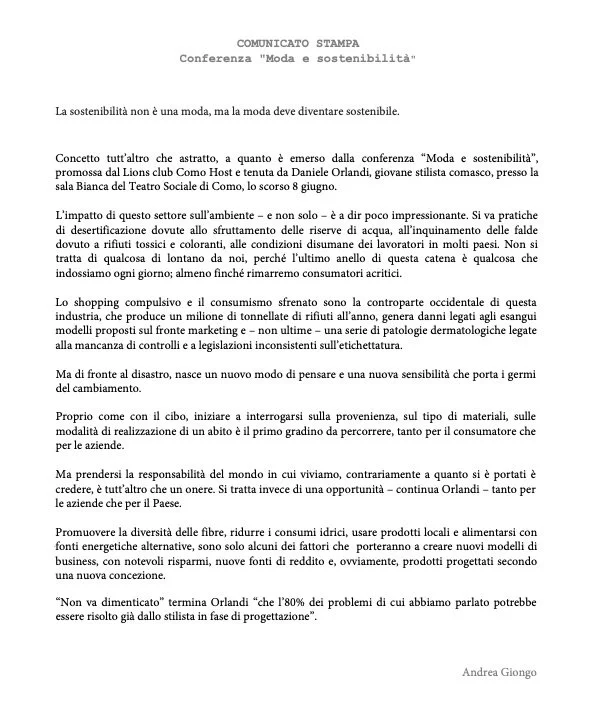 Press release on Daniele Orlandi's talk on fashion and sustainability for  Lions Club Como Host, June 2015, at Teatro Sociale di Como — on environmental and design choices.