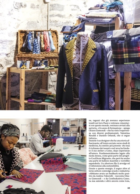 Daniele Orlandi's work as designer and mentor for Cou(l)ture Migrante, Como's social-enterprise tailoring project for asylum seekers, featured in Tess Magazine. 2