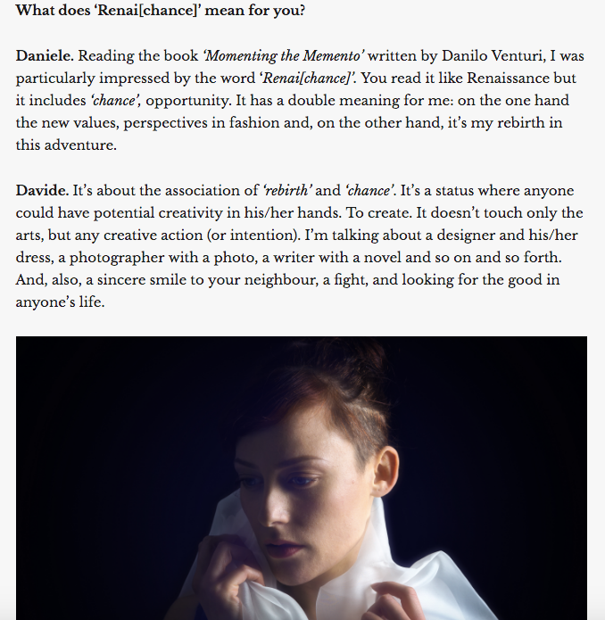 Daniele Orlandi and photographer Davide Savaidis, interviewed by C41 Magazine on the Renai[chance] linen collection, its meaning, and where fashion is headed. 2