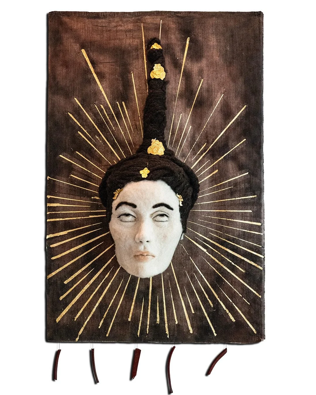&bdquo;Talking to Ghosts&ldquo;
Wool, Acrylic Paint, Leaf Gold, Metal, Bones. 180 &times; 100 cm, 2024.

A flag raised for the Siberian Ice Maiden. We bow to her&mdash;not out of nostalgia, but recognition.

Talking to Ghosts is dedicated to the Sibe