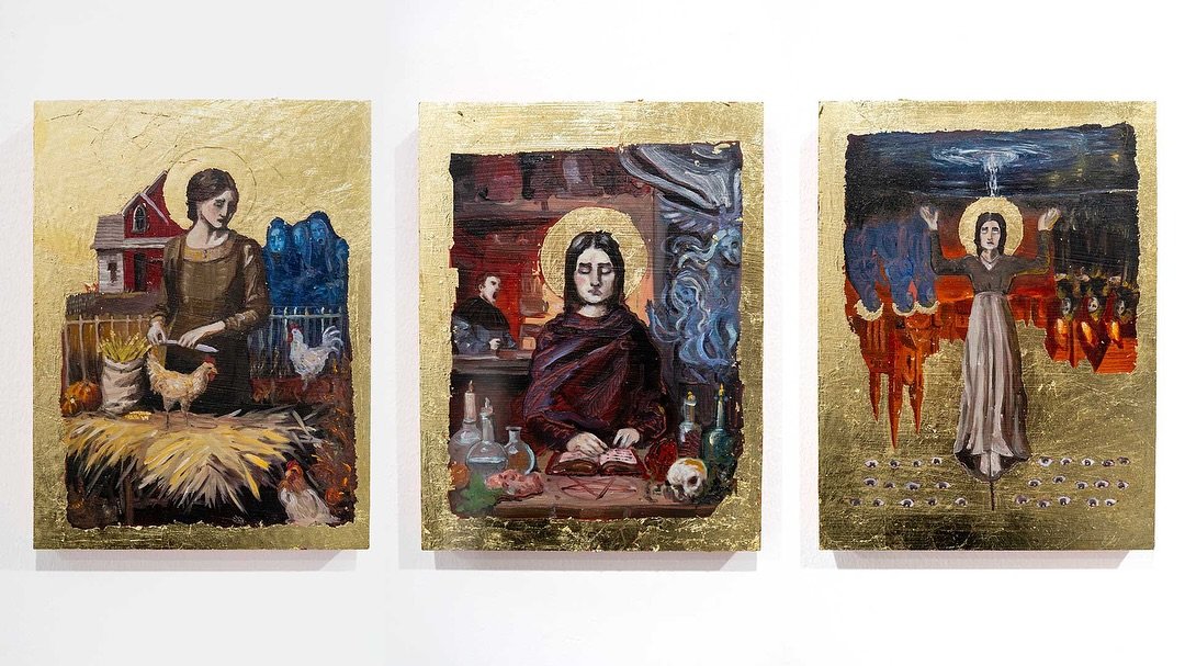 St. Inbetween icons. 

Based on the &ldquo;Annunciation of St. Inbetween&rdquo;, these icons condense the central chapters of her myth: the sacrifice, the persecution, the transformation.

Oil paint, leaf gold on wood.
24 x 18 cm (each), 2025.

#artw