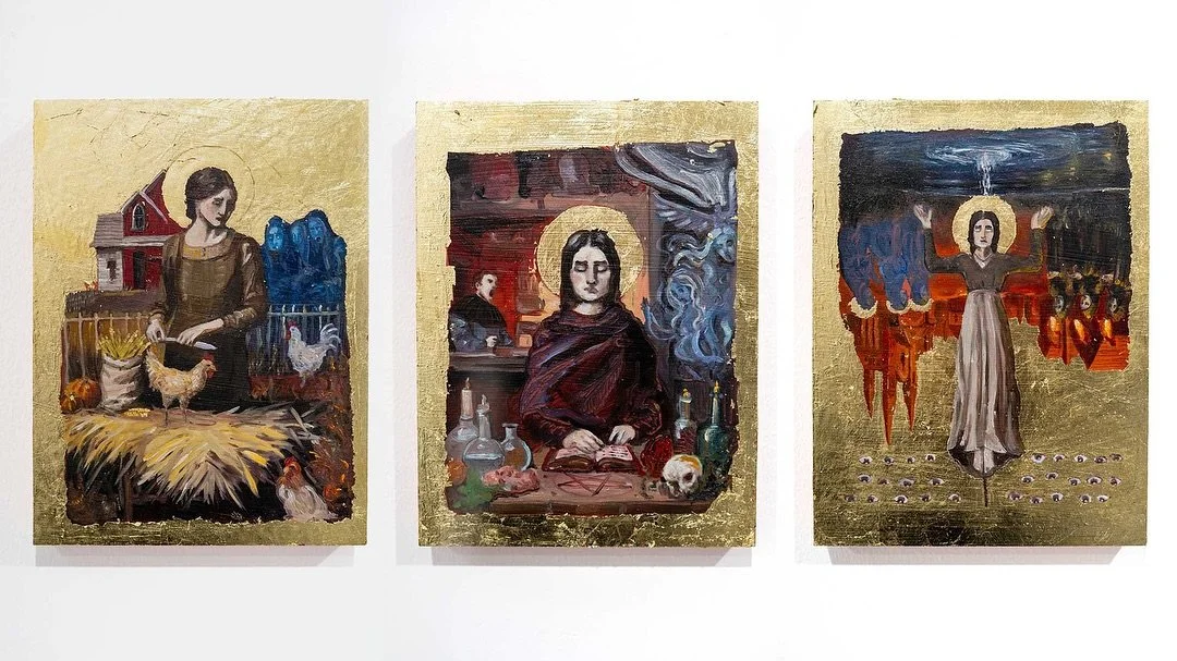 St. Inbetween icons. 

Based on the &ldquo;Annunciation of St. Inbetween&rdquo;, these icons condense the central chapters of her myth: the sacrifice, the persecution, the transformation.

Oil paint, leaf gold on wood.
24 x 18 cm (each), 2025.

#artw