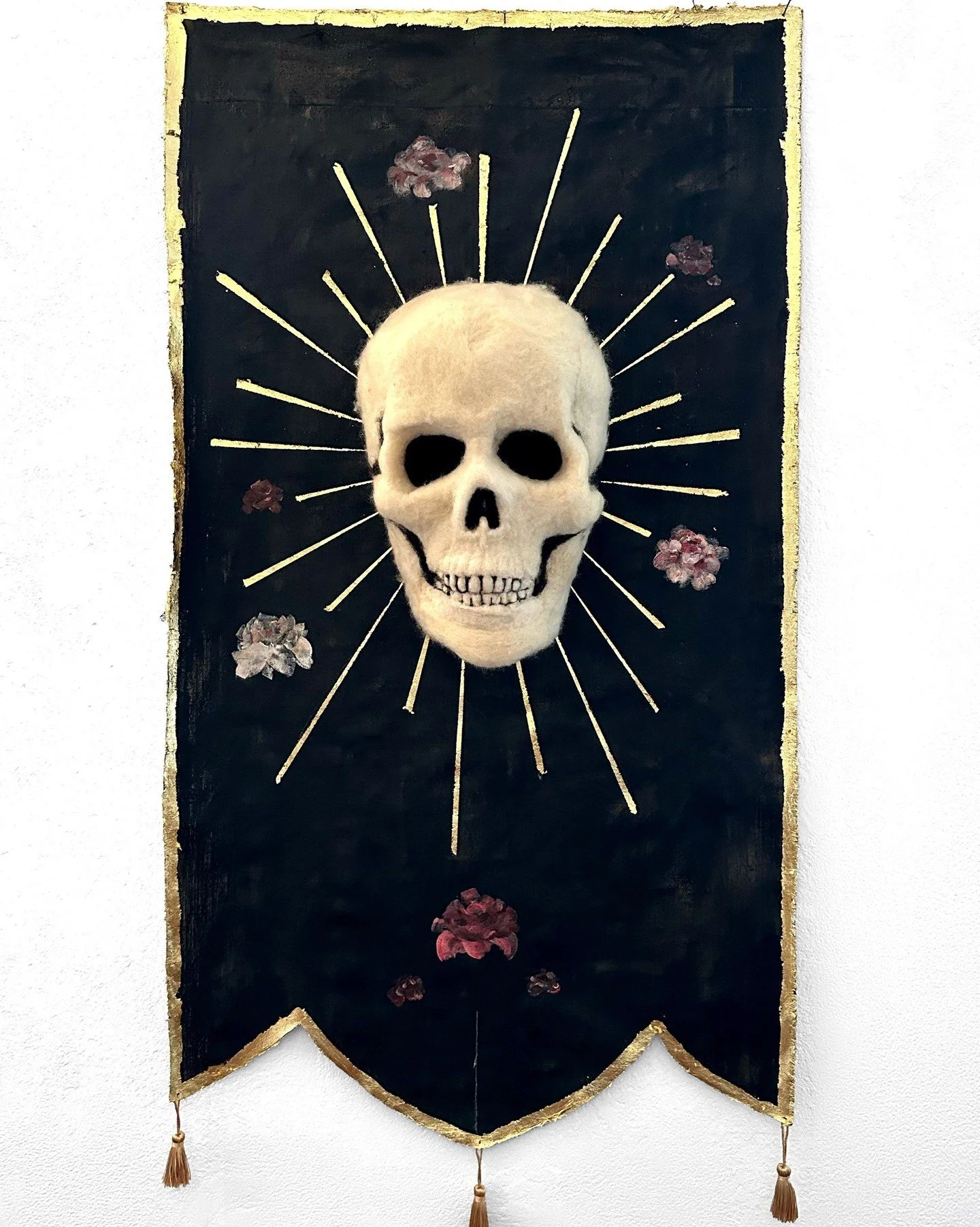 "Rites of Spring" 
Wool, Acrylic Paint, Leaf Gold, Textiles on canvas. 140 &times; 72 &times; 20cm (2026).

A ceremonial flag that binds mortality to renewal, holding skull, bloom, and radiance in a single emblem. 

#contemporaryart #maison