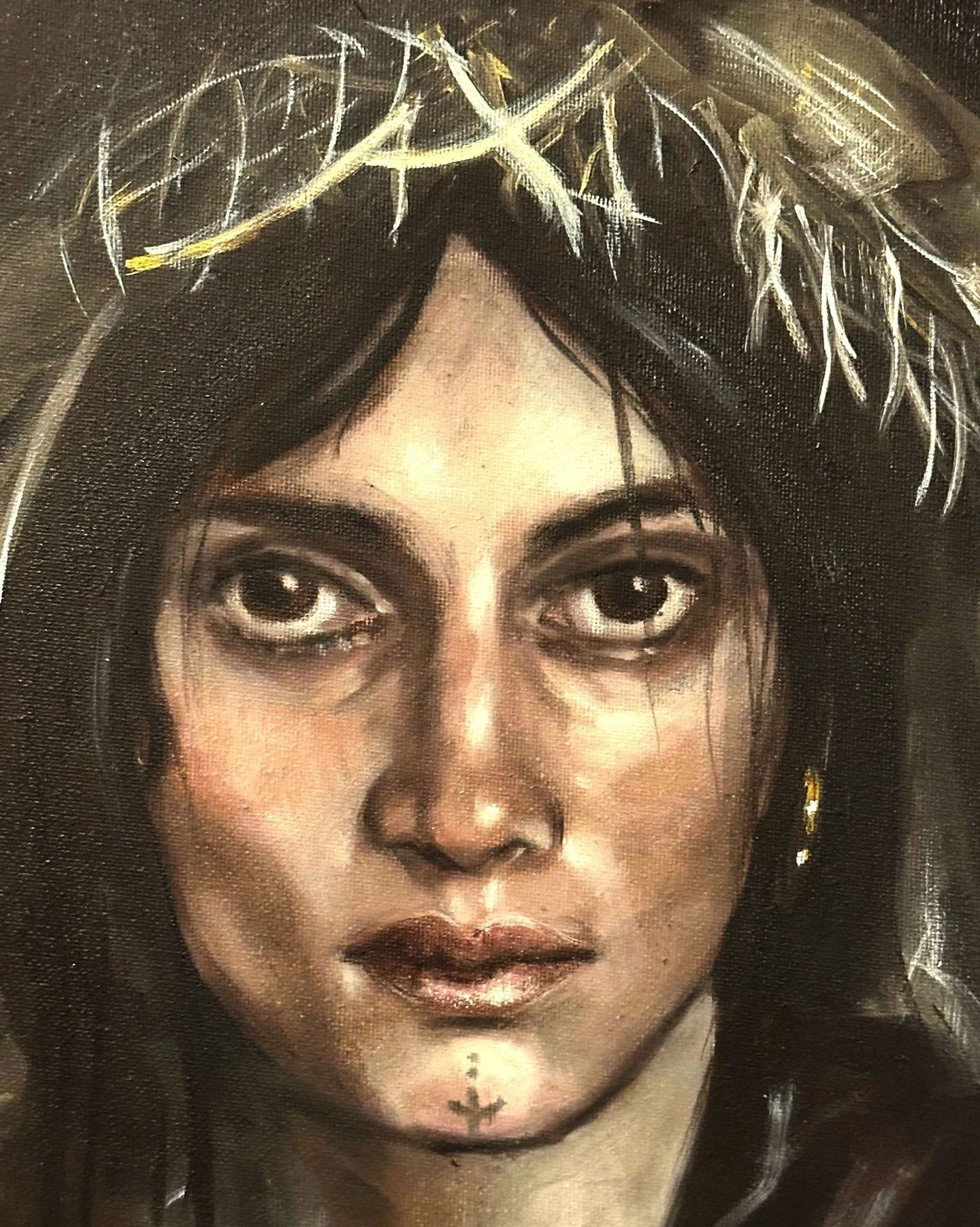 "Hexe von Endor" 
Oil paint on canvas. 40 &times; 40 cm, 2026.

The Witch of Endor holds a special place in our work as a female archetype whose power is not erased, but feared, sought out, and acknowledged. She appears at the edge of sacre