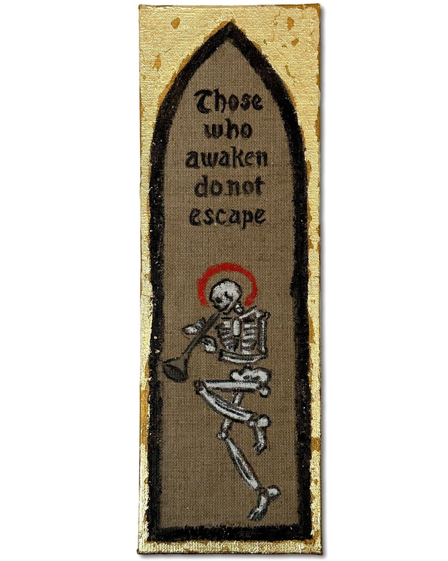 Totentanz
Oil stick, pastels and gold leaf on canvas. Each 30 &times; 10 cm, 2026.

Perhaps finitude is not only a reason for fear, but also a strange invitation. 

This work consists of three panels, echoing the form of a Christian triptych form. Ye