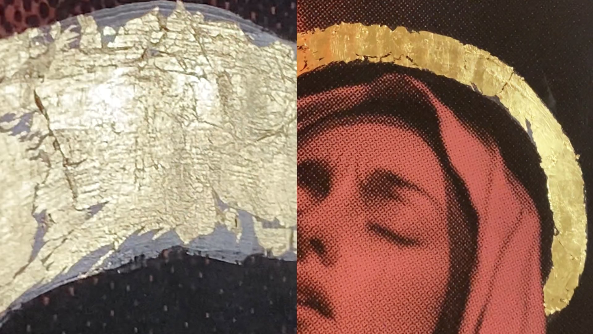 A close-up of the hand-gilded print from the poster The Master’s House Is on Fire – artwork by Maison Douce.