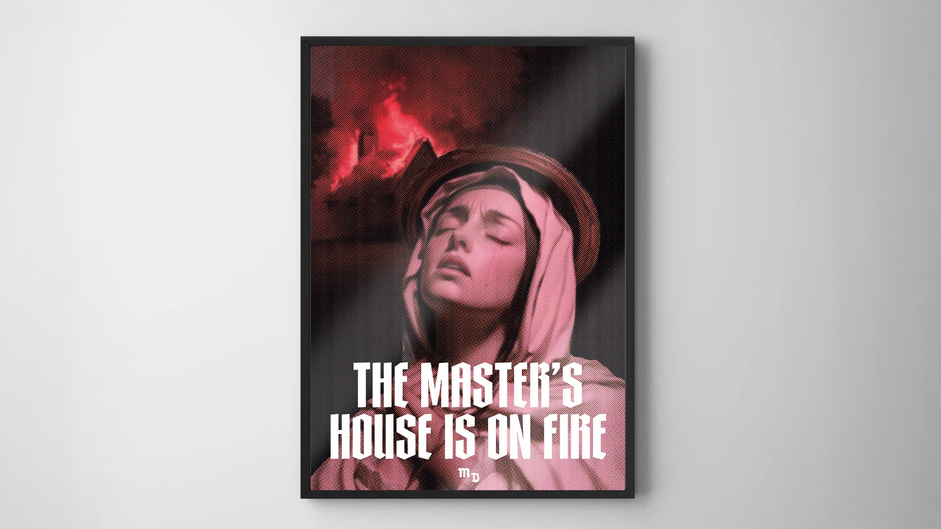 Fine Art Print „The Master’s house is on Fire“ by Maison Douce. A holy woman stands bathed in sacred flame—eyes closed, lips parted, as if in rapture or defiance. Behind her, the house burns.