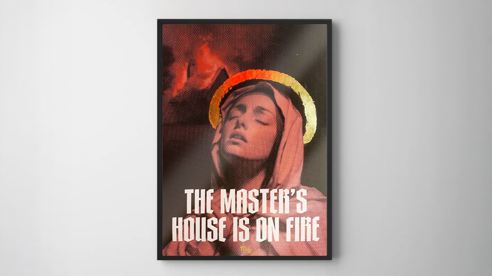 Hand-Gilded Fine Art Print „The Master’s house is on Fire“ by Maison Douce. A holy woman stands bathed in sacred flame—eyes closed, lips parted, as if in rapture or defiance.