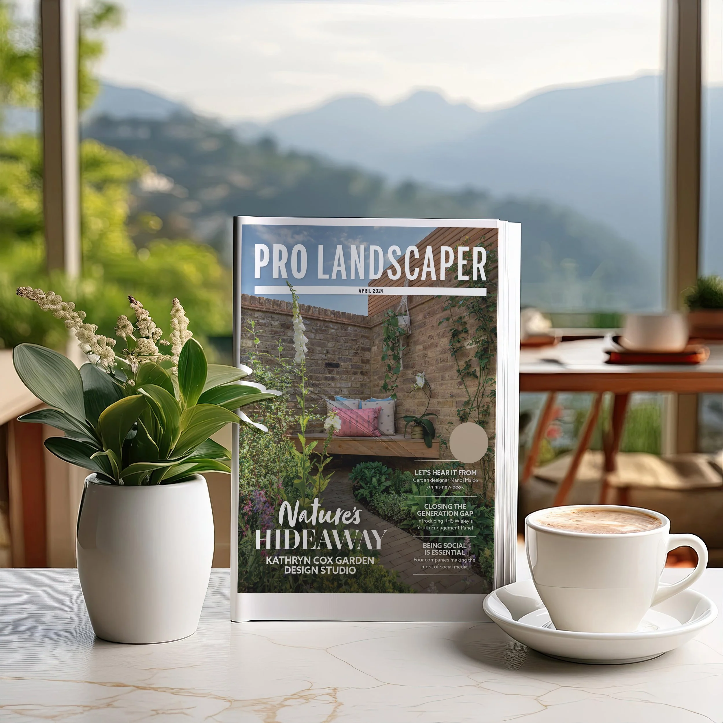 Cover of Pro Landscaper magazine, April 2024, promoting Kathryn Cox Garden Design Studio. Features her 'Naturalistic Wildlife Courtyard' with a cozy outdoor space with a wooden bench, cushions, and surrounding plants against a brick wall.