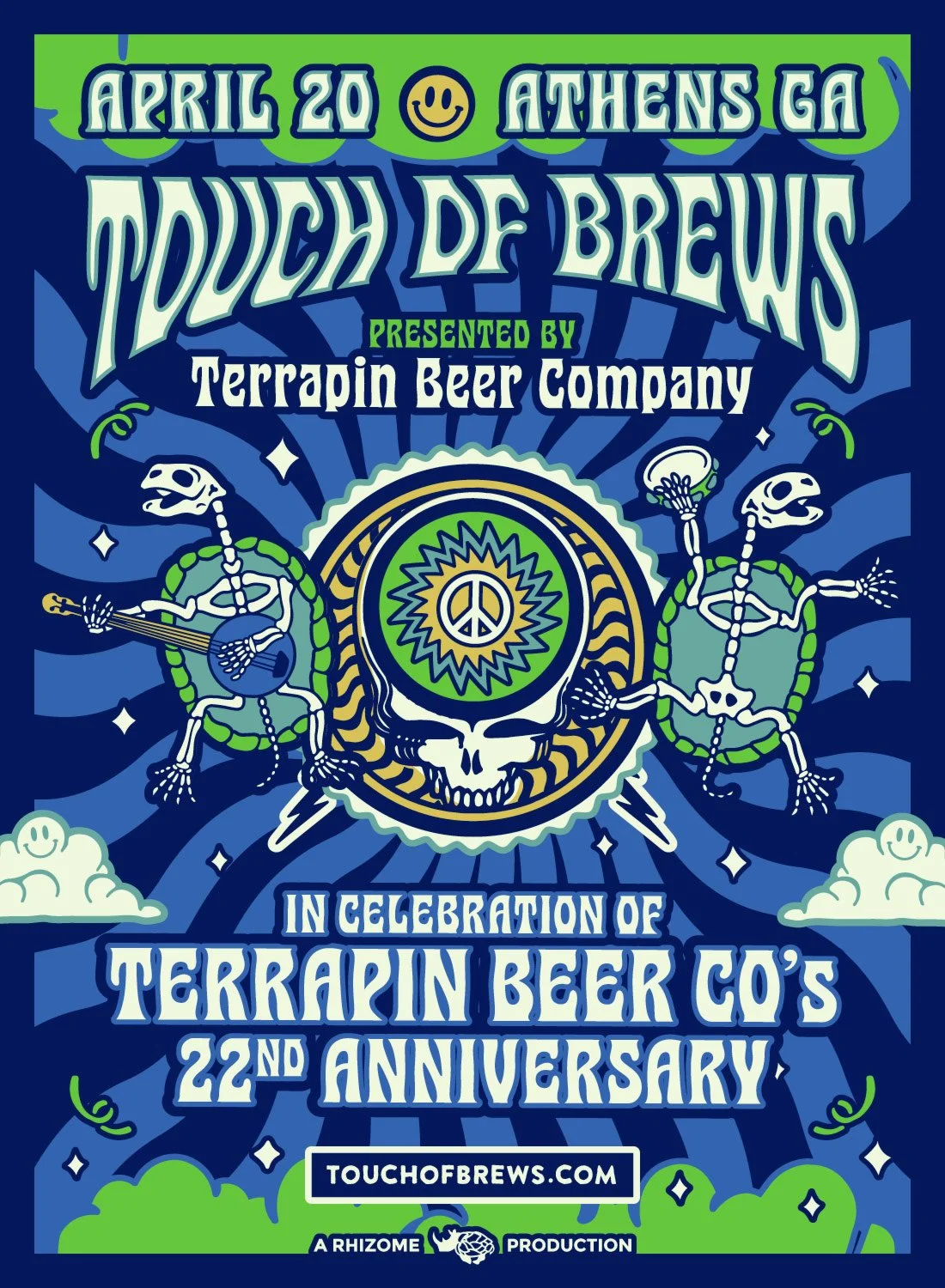 Event poster for 'Touch of Brews,' a beer event in Athens, Georgia on April 20, celebrating Terrozin Beer Co.'s 22nd anniversary, featuring skeletons, clouds, and psychedelic design elements.