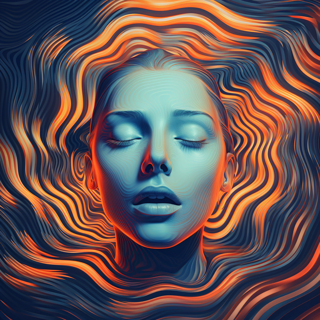 Digital artwork of a woman with her eyes closed, surrounded by flowing, wavy lines in shades of orange, blue, and black, creating a surreal and vibrant effect.