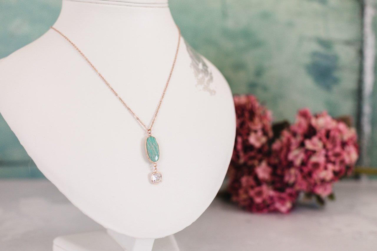 Aqua Stone and Crystal Golden Drop Necklace — Just Jules Jewellery