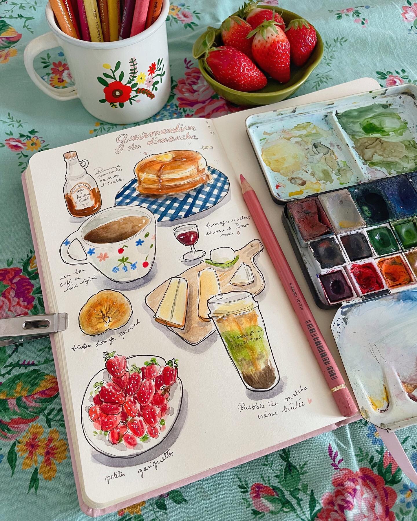 Les gourmandises du dimanche 🧀🥞🍓🧋
.
.
#aquarelle #sketchbook #watercolorsketchbook #watercolorfood #illustration #sketchbookpage